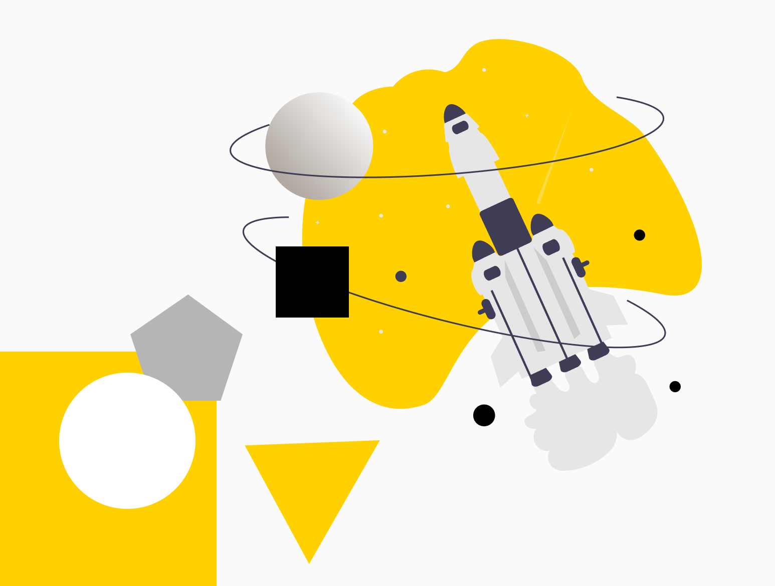 Cohete despegando entre formas geométricas y elementos espaciales, representando innovación, lanzamiento y crecimiento