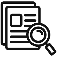 Icon of two stacked documents with a magnifying glass overlaid, symbolizing search or review.