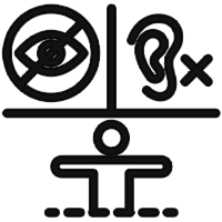 Icon representing deafblind accessibility with crossed-out eye and ear symbols over a person figure.