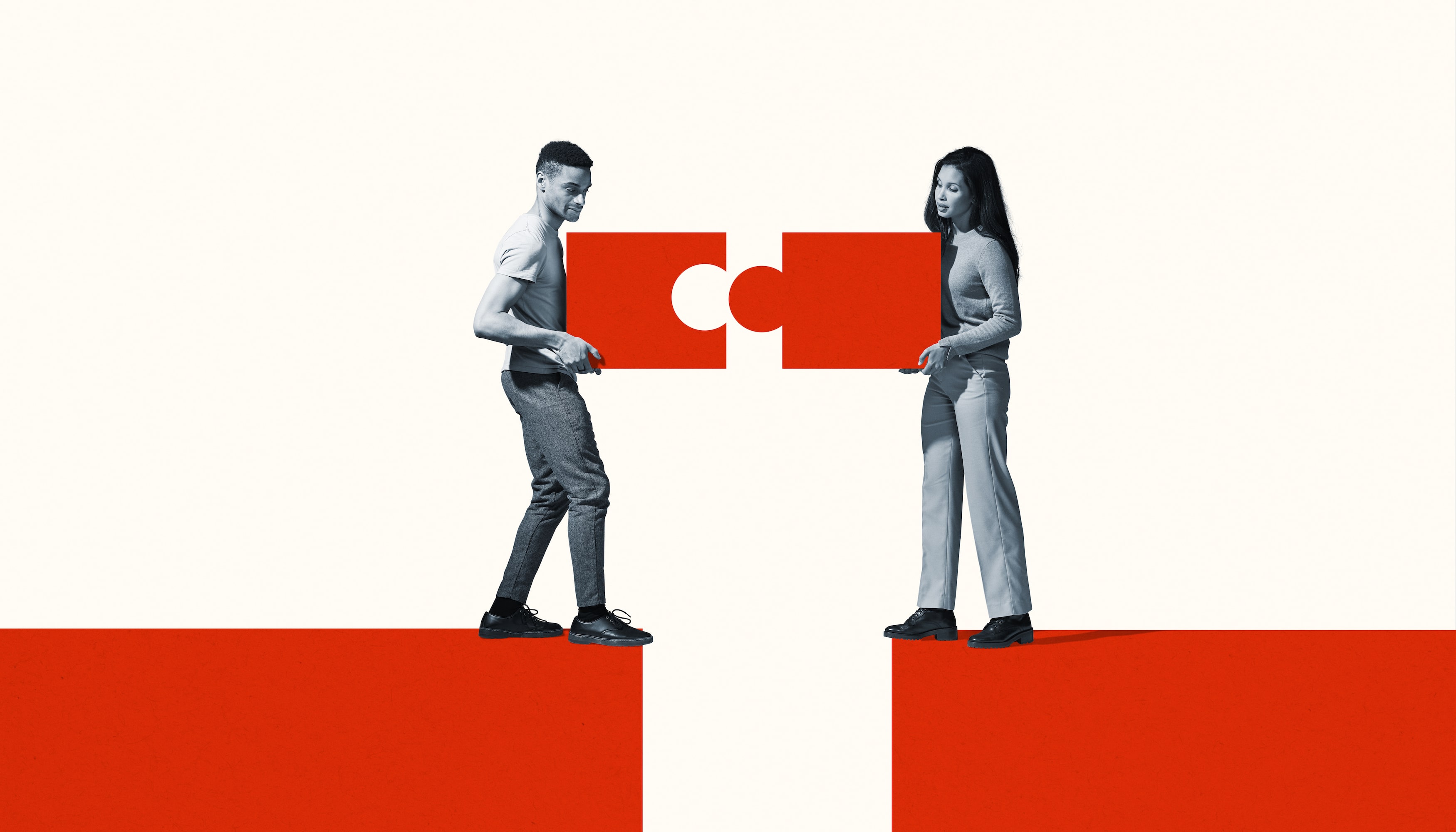 Collage of two people on separate blocks, each holding half of a jigsaw piece and reaching to join them