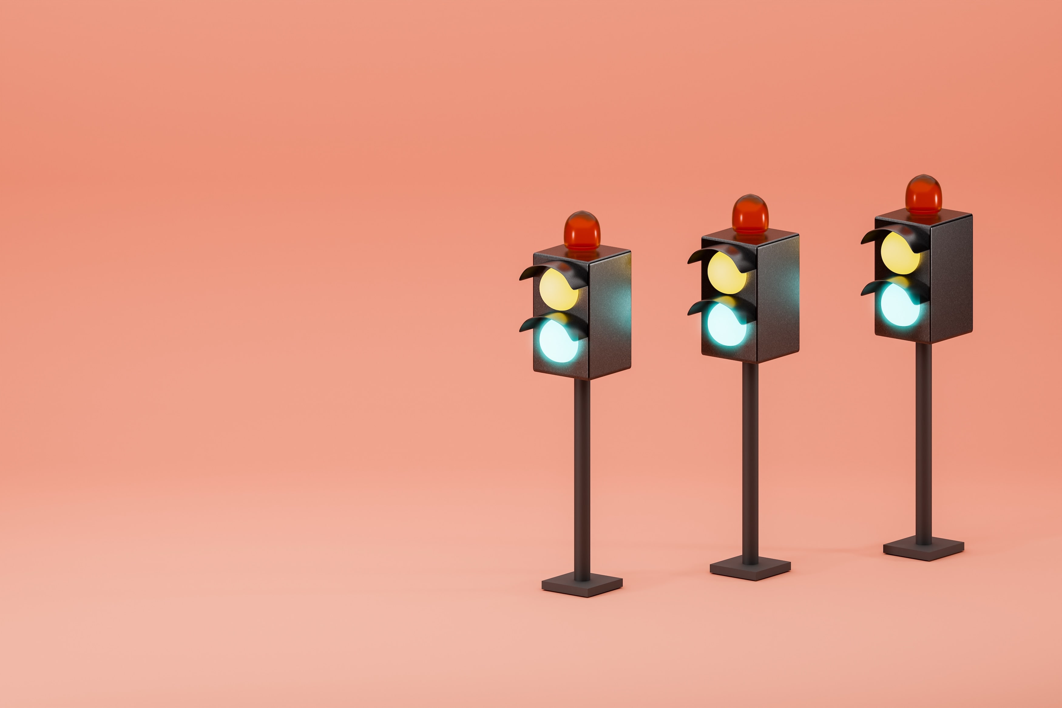 Three traffic lights in a row against a peach background, all showing green