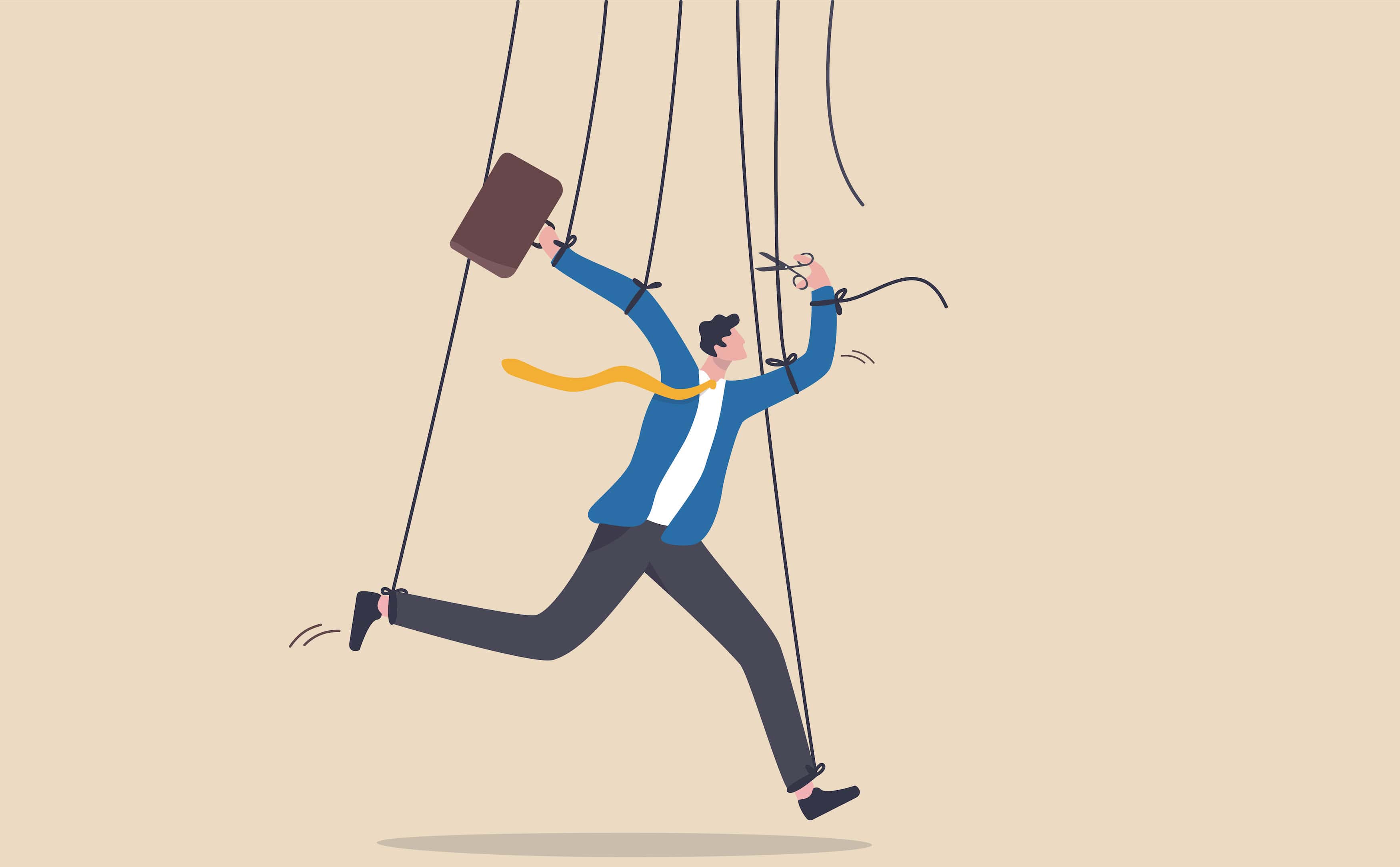 Illustration of a businessman running with a briefcase while hanging from puppet strings