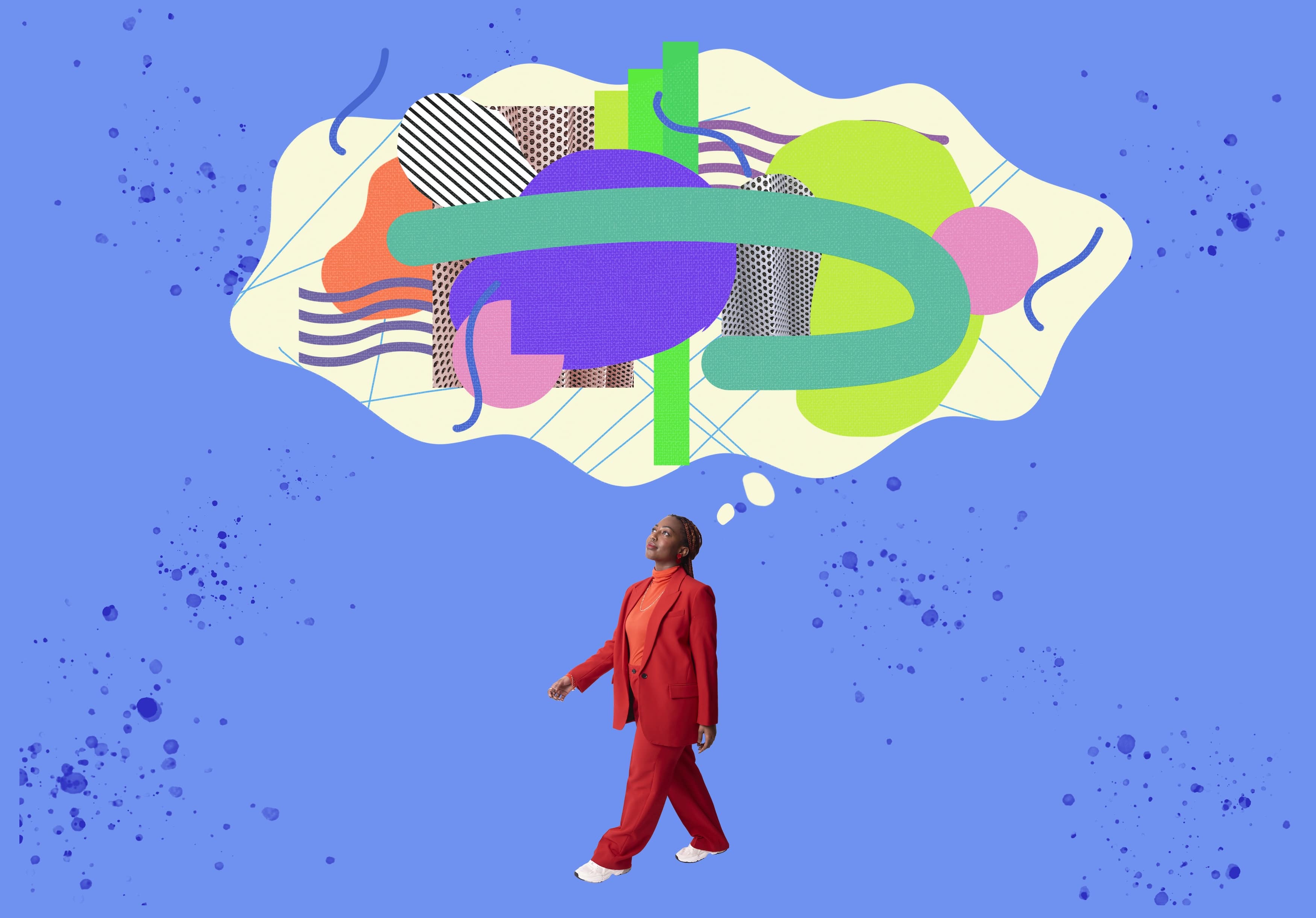 Illustration of a person in a red suit walking beneath a large cloud of abstract shapes