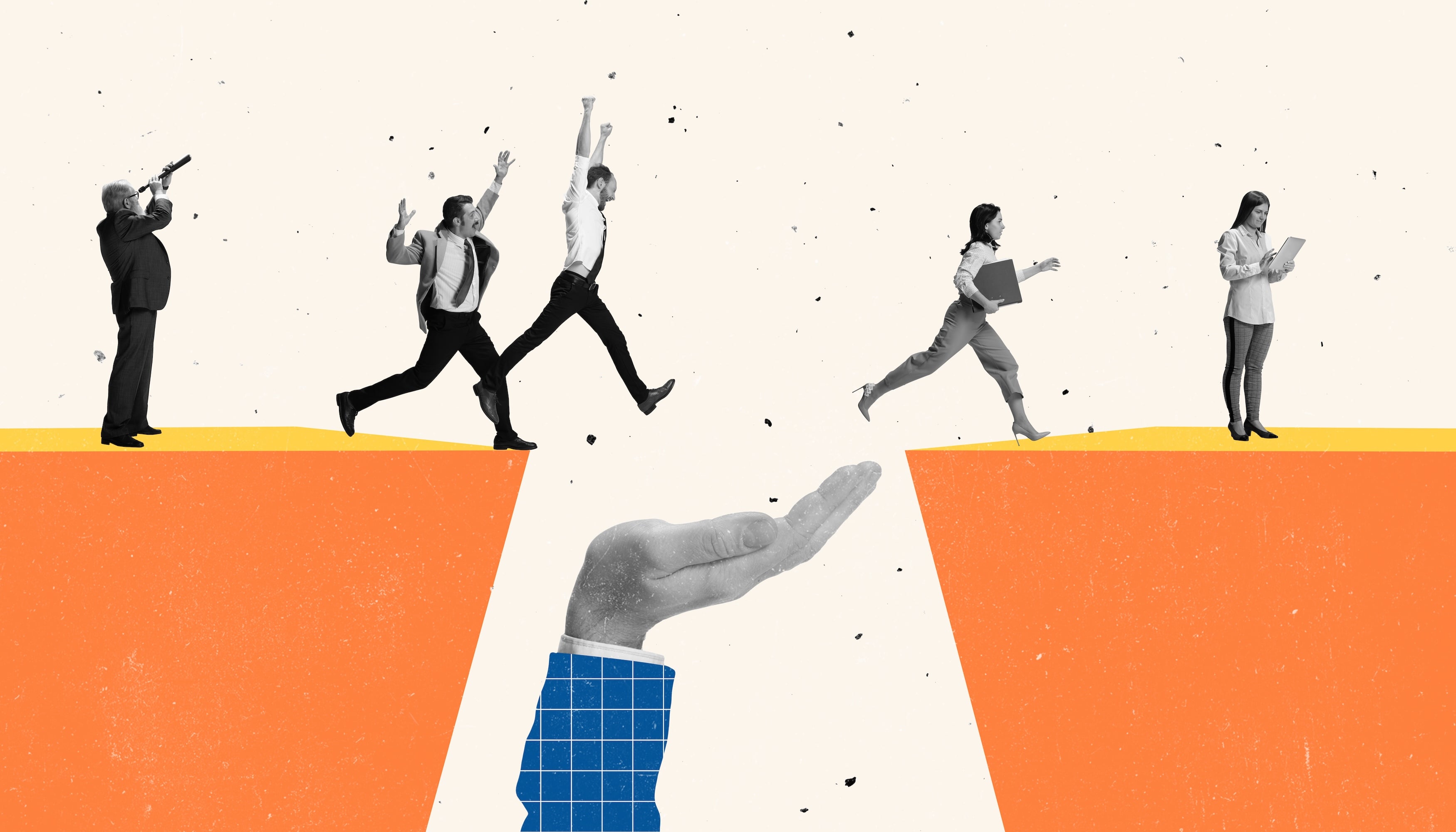 Collage of businesspeople crossing an orange platform with a gap in it, a giant hand reaching up to bridge the gap