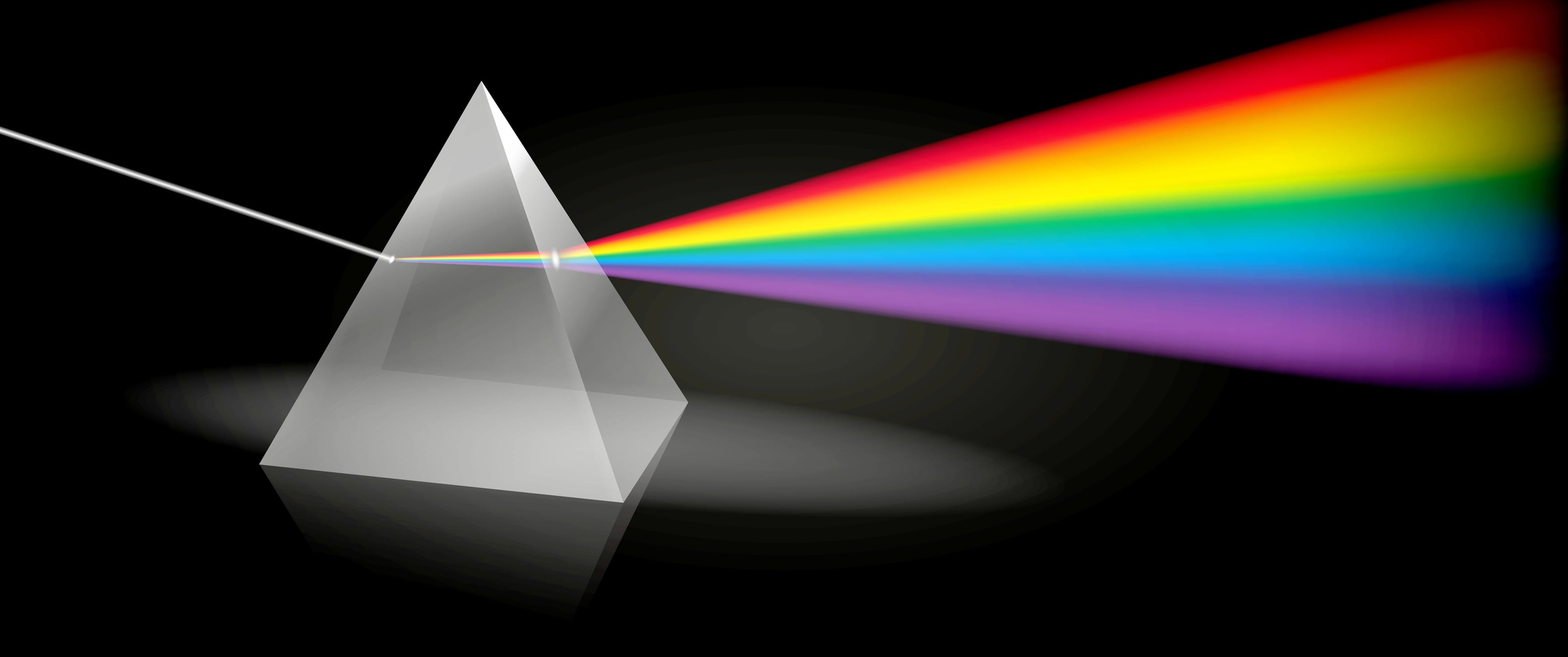 A glass prism splitting a beam of white light into a rainbow spectrum