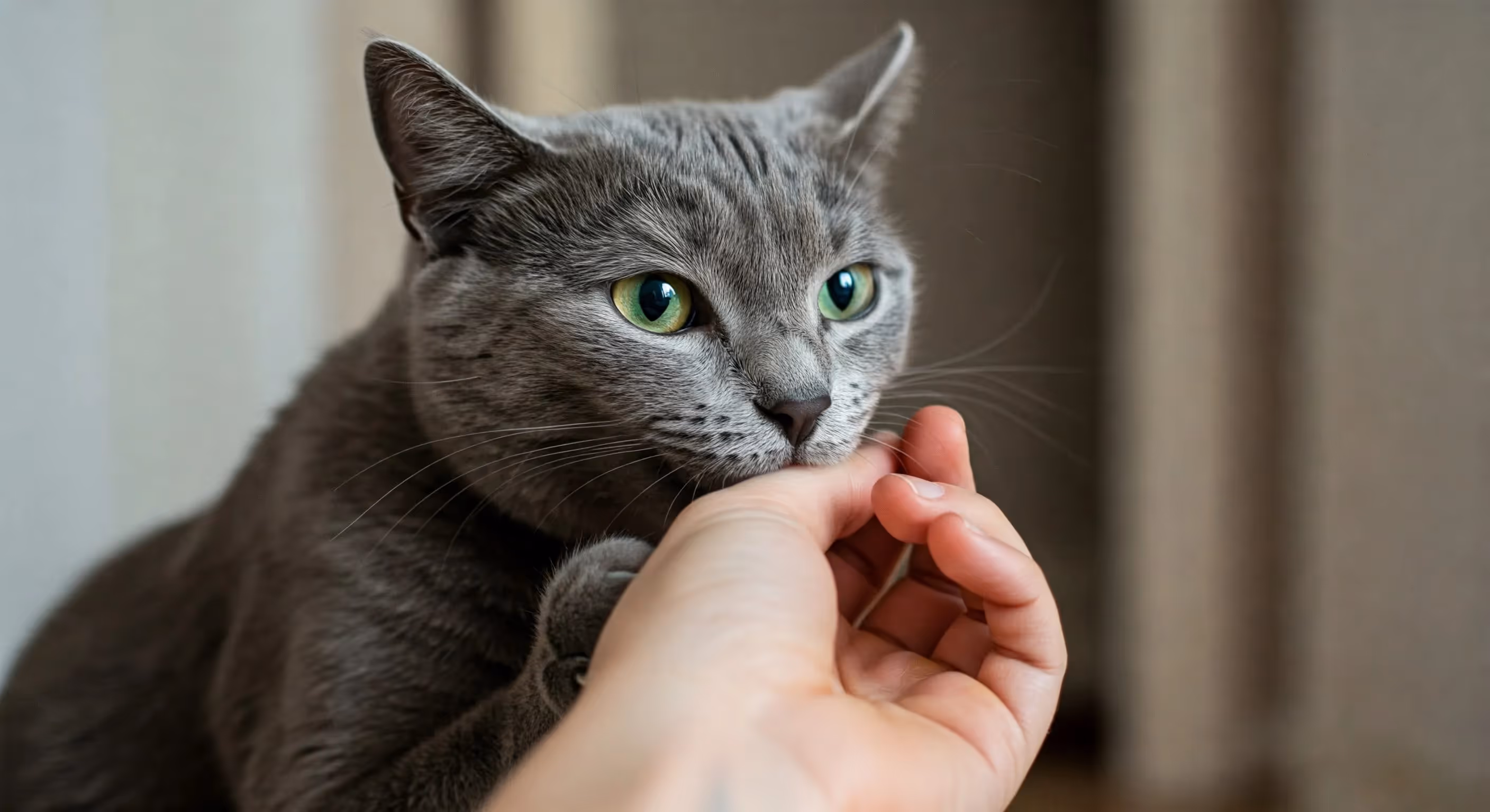 A gray cat with green eyes playfully biting a person’s hand while holding it with its paws.