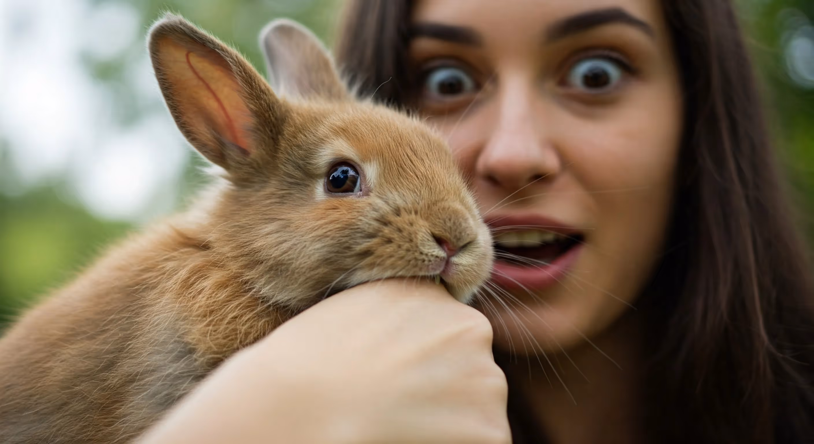 A brown rabbit biting a person’s hand with a surprised woman in the background.