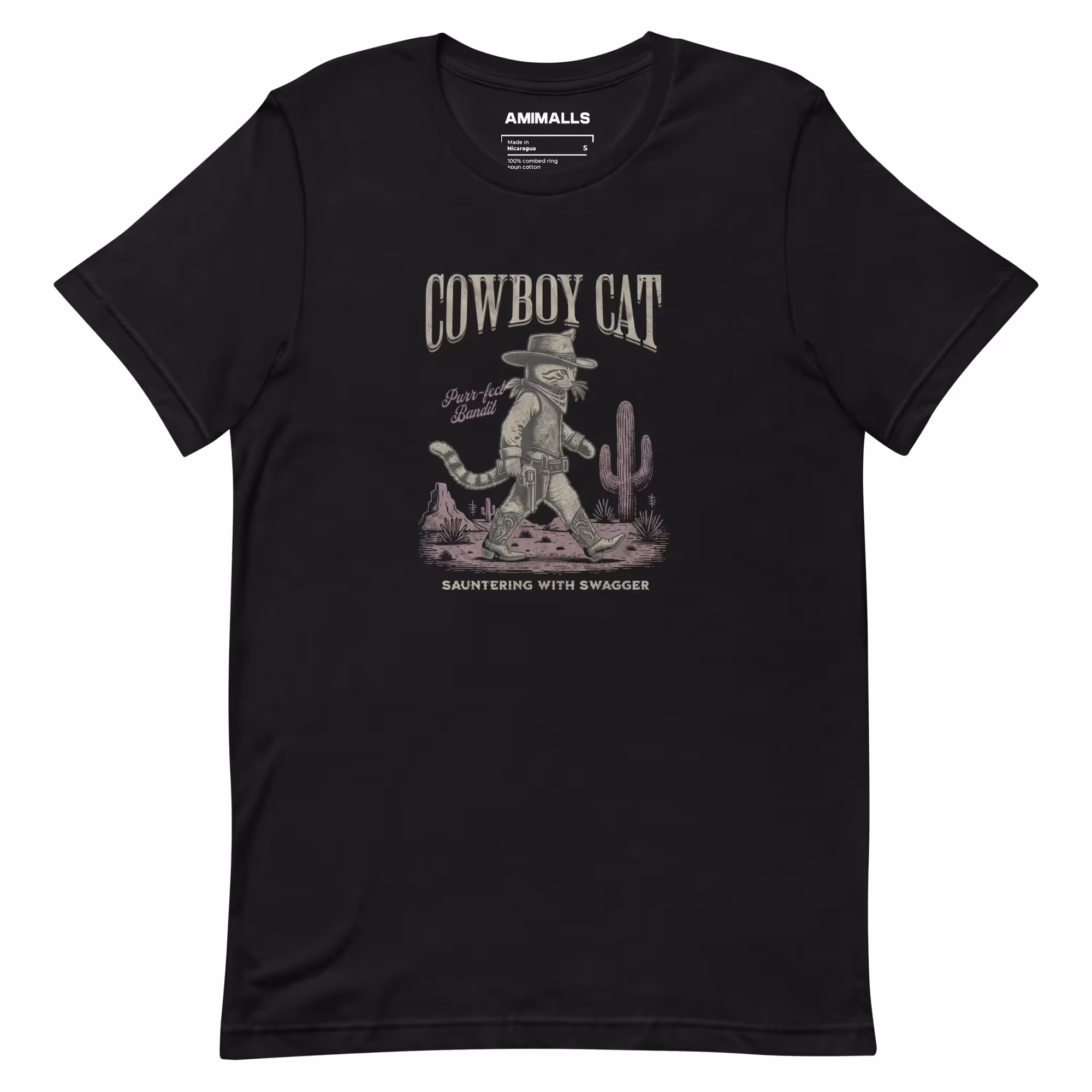 Cowboy Cat T-shirt design featuring a stylish cat in cowboy gear, perfect for animal lovers and western-themed fashion.