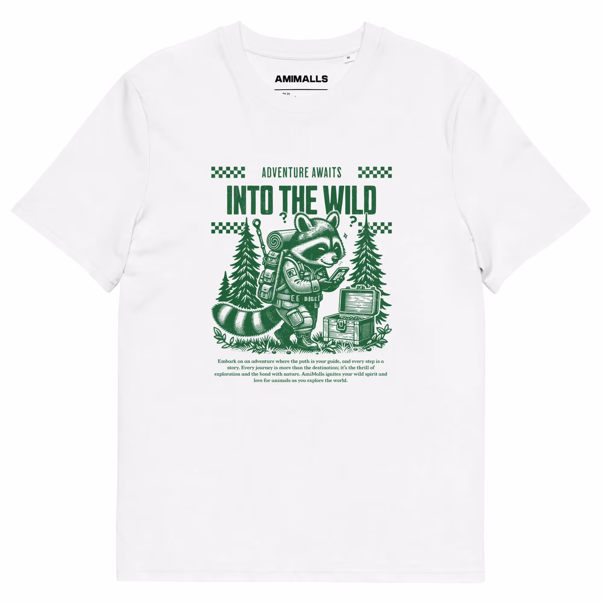 Into The Wild t-shirt features a backpacking raccoon in a forest adventure scene.