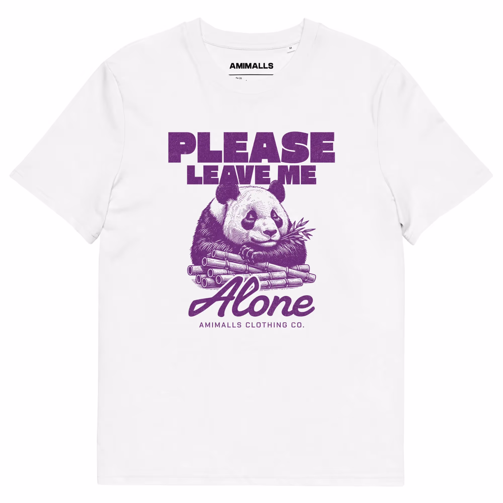 Please Leave Me Alone panda design in purple text.
