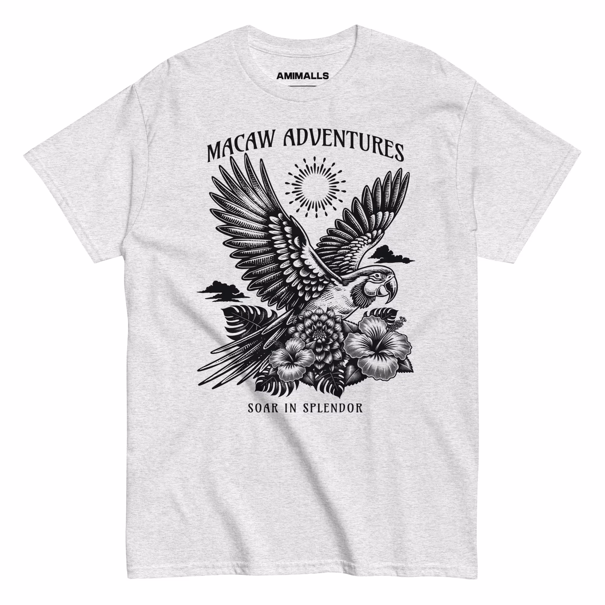 Macaw Adventures T-shirt featuring a detailed tropical bird and floral design, perfect for nature lovers and wildlife enthusiasts.
