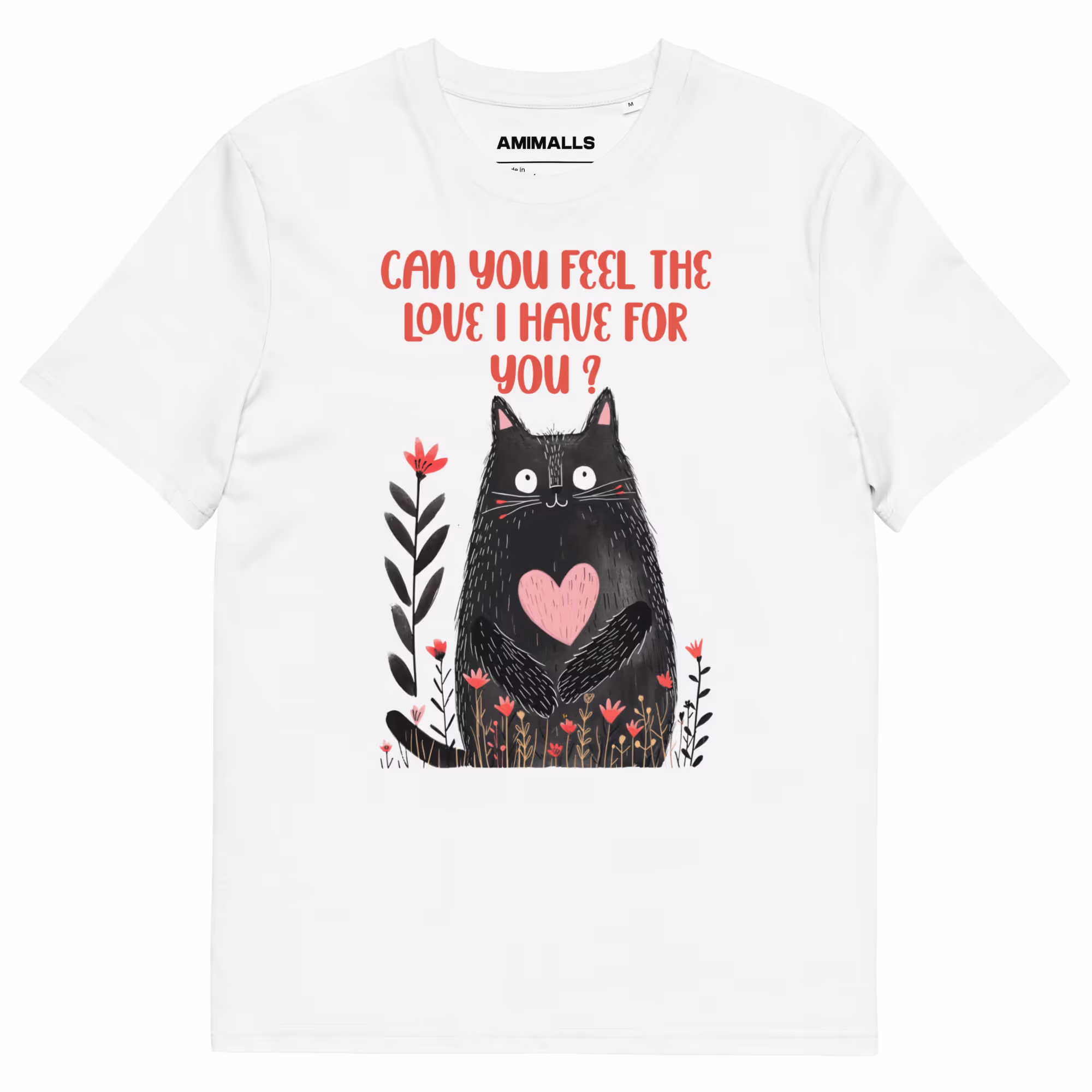 Black cat with a heart-shaped chest on a love-themed T-shirt.