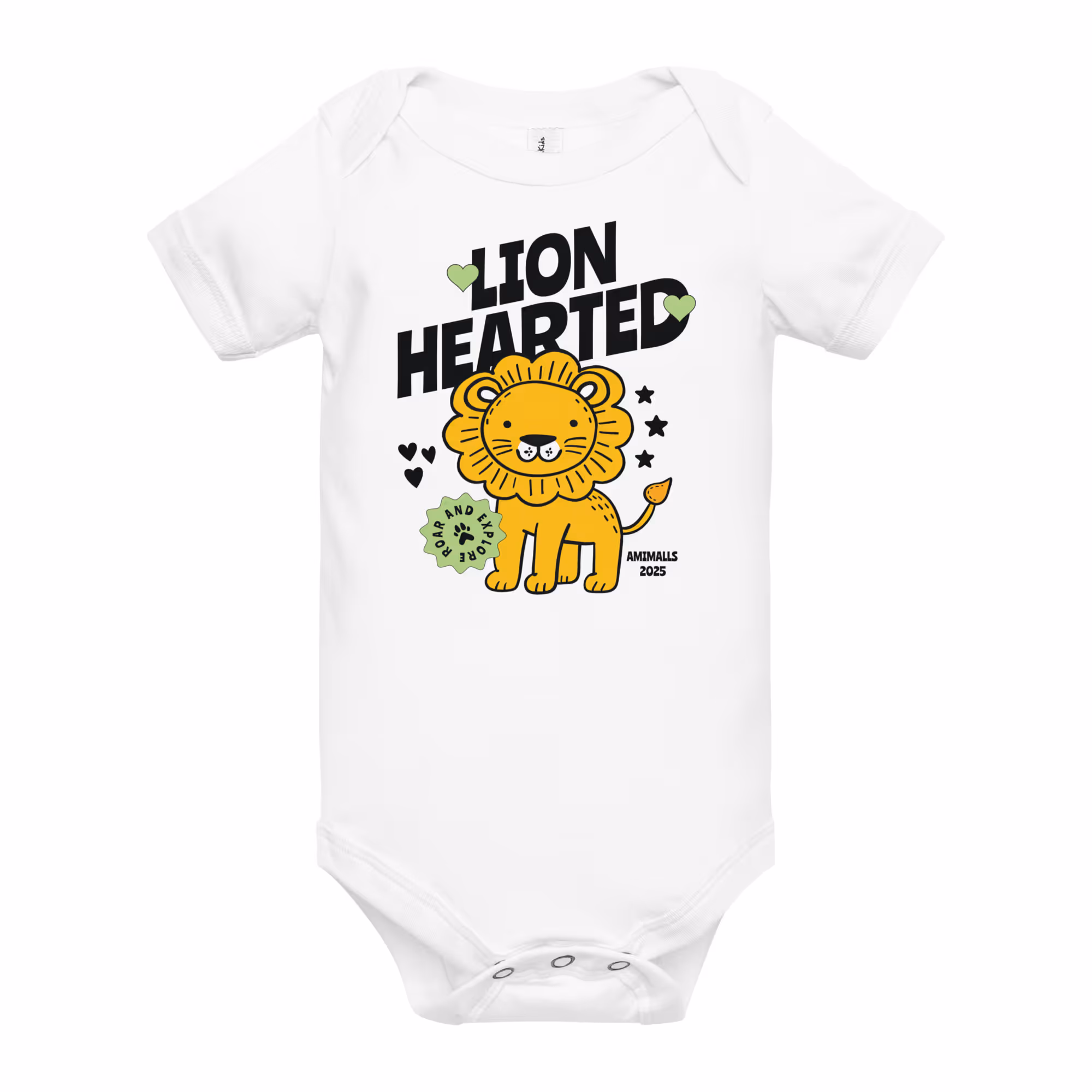 Baby onesie featuring a bold lion graphic and "Lion Hearted" text.