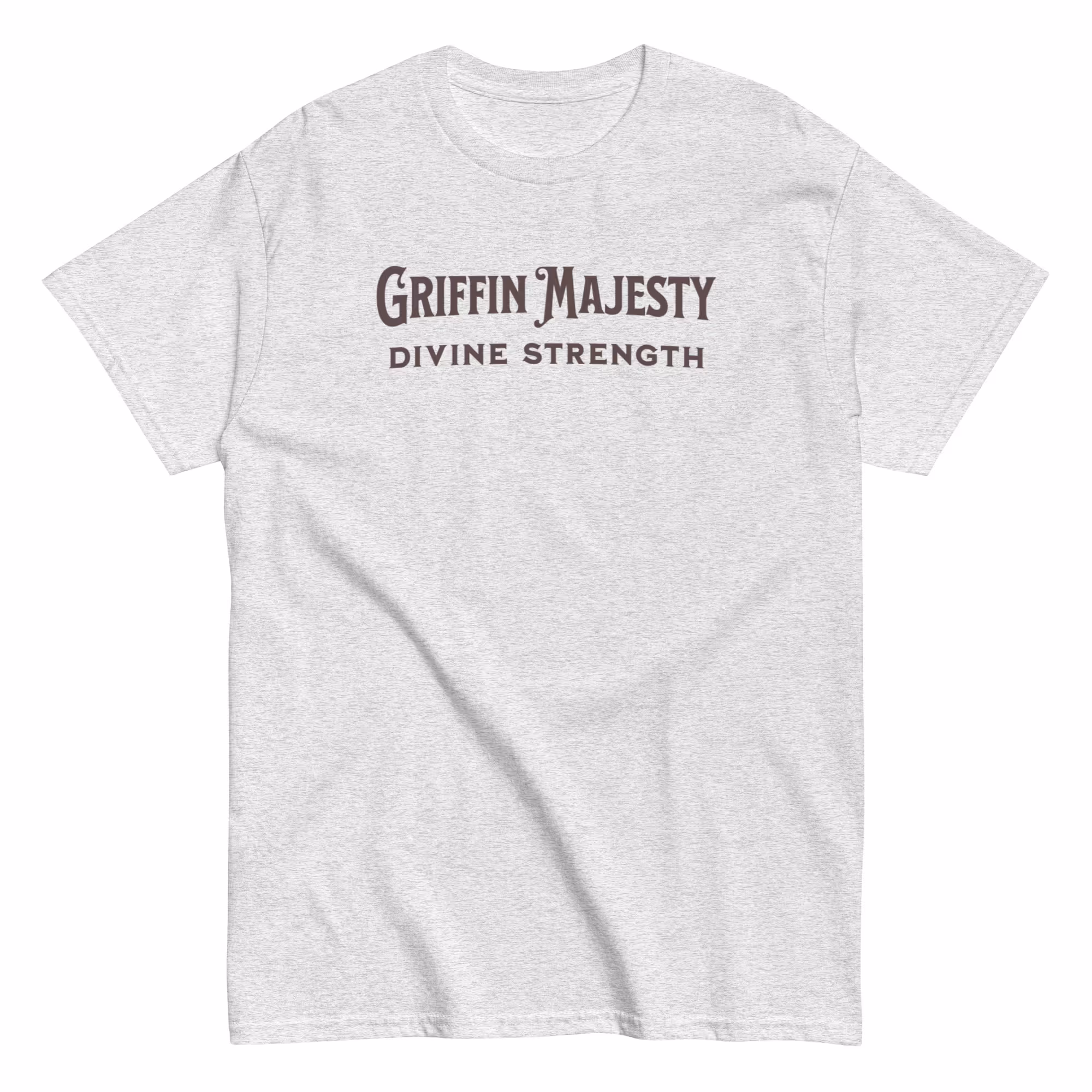 Griffin-themed T-shirt with "Griffin Majesty: Divine Strength" text and a striking mythical design.