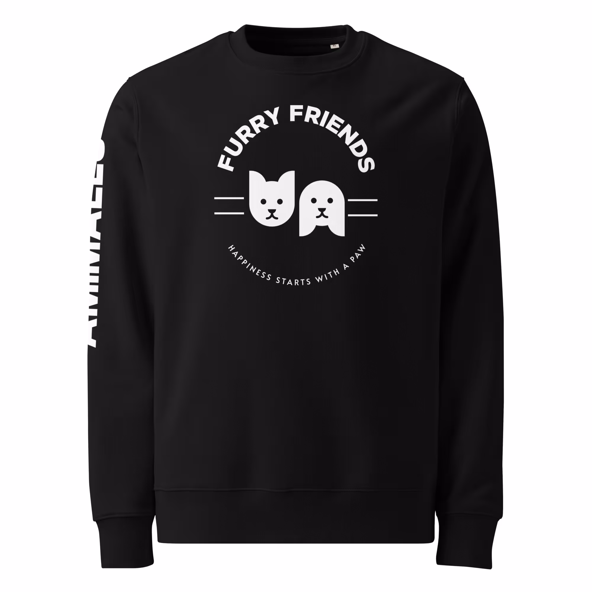 Black sweatshirt featuring cat and dog minimalist graphic with "Happiness Starts with a Paw" text.
