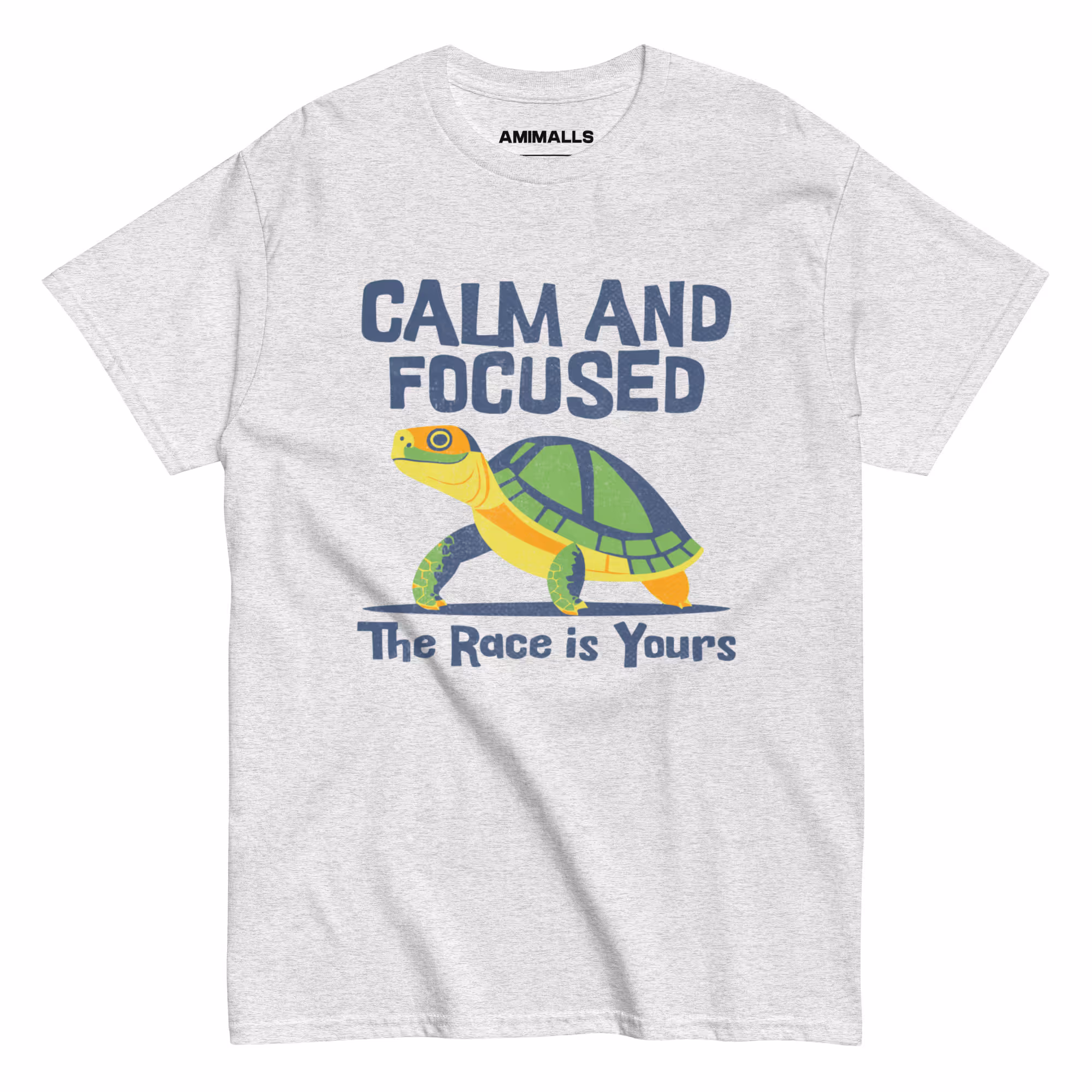 The T-shirt features a turtle with the text "Calm and Focused - The Race is Yours.
