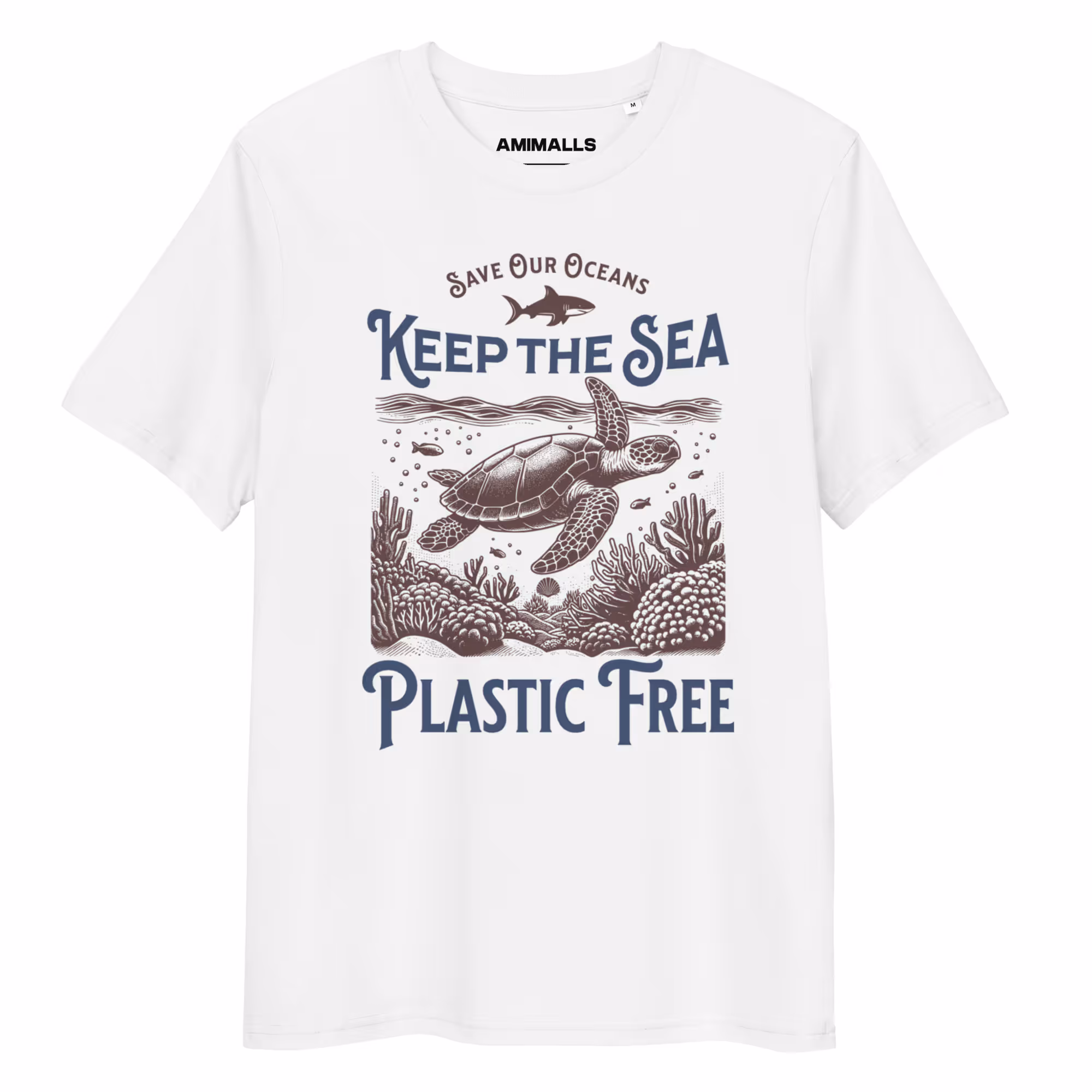 White T-shirt featuring a sea turtle and the text "Save Our Oceans: Keep the Sea Plastic Free.
