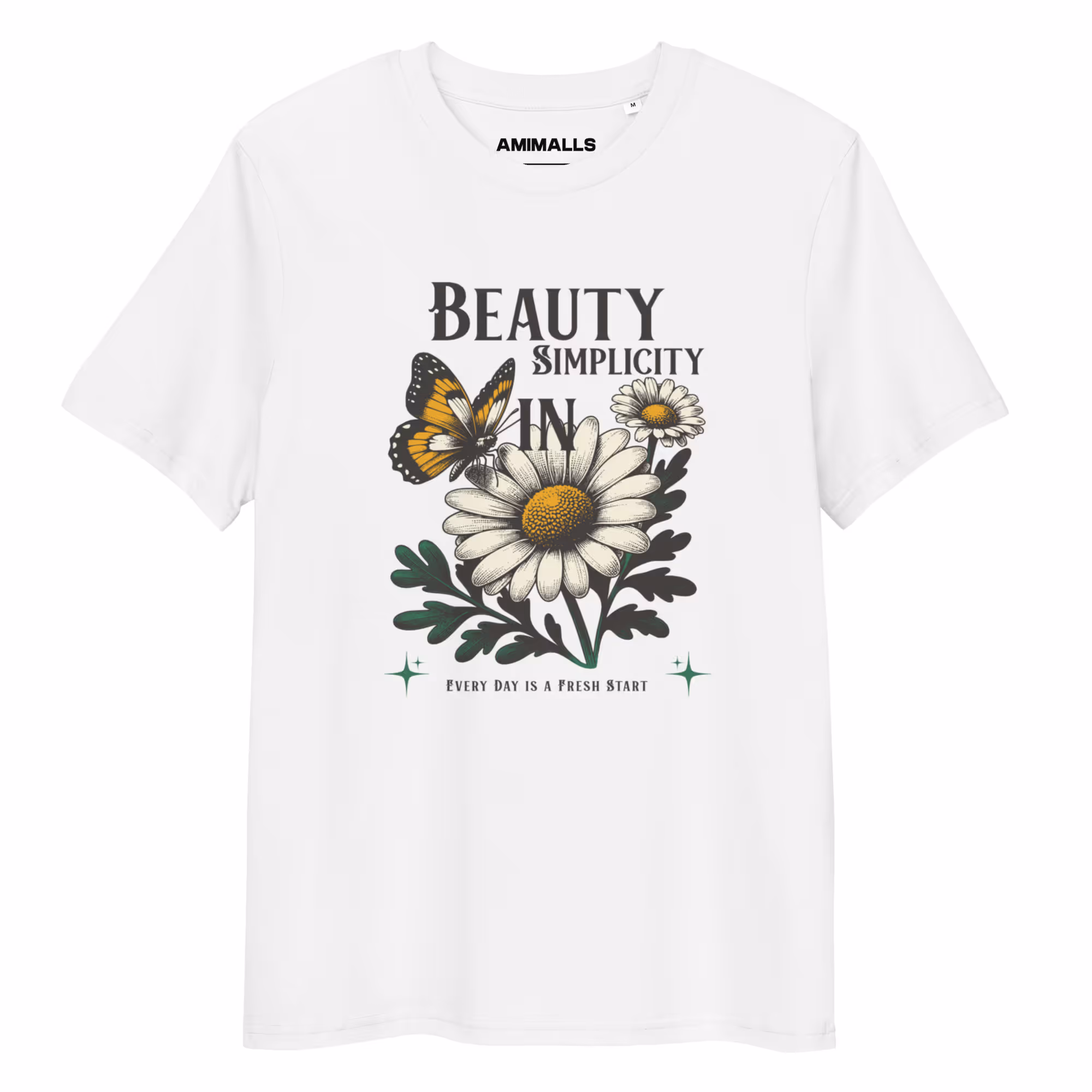 White women’s T-shirt featuring daisies, a butterfly, and the text "Beauty in Simplicity – Every Day is a Fresh Start.
