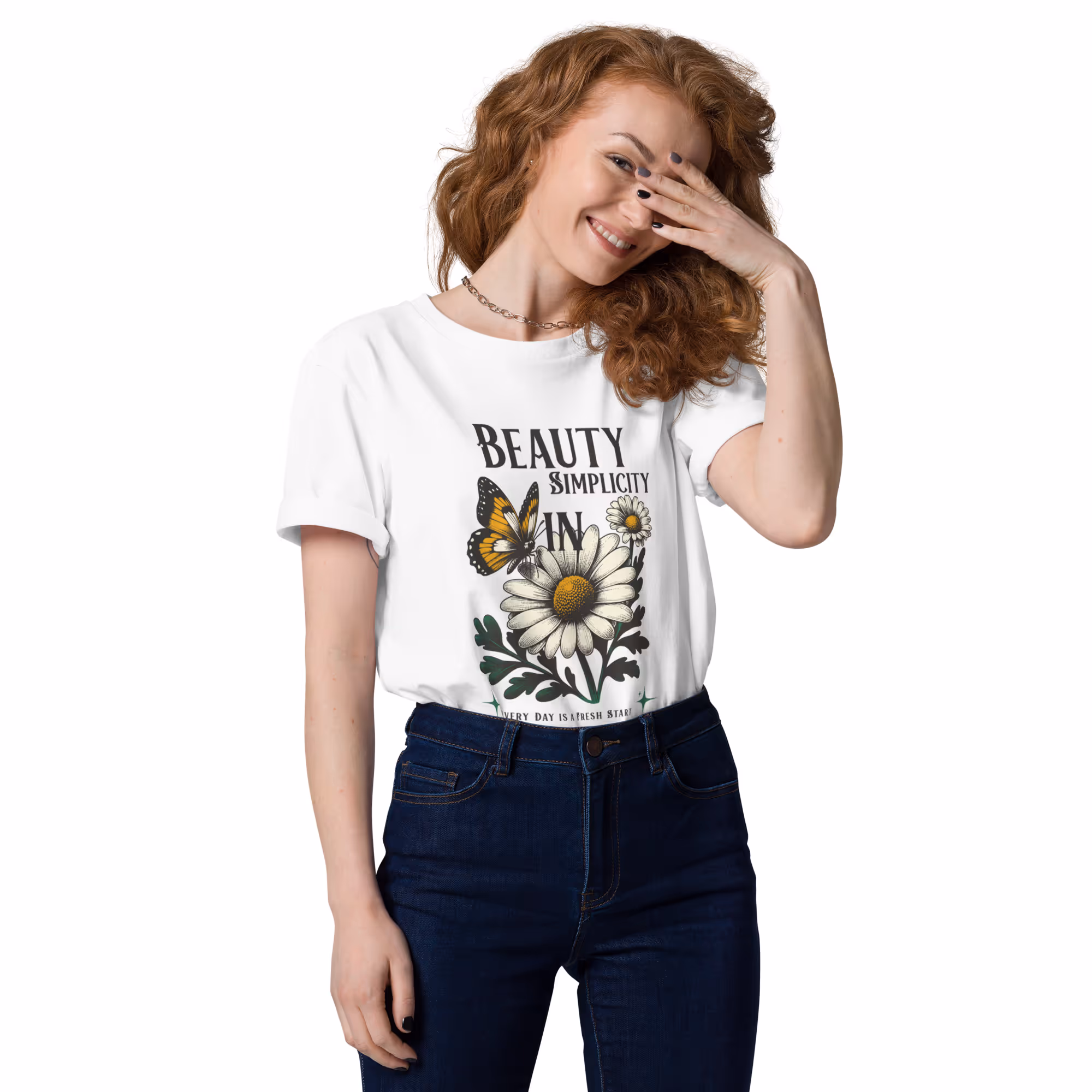 White women’s T-shirt featuring daisies, a butterfly, and the text "Beauty in Simplicity – Every Day is a Fresh Start.