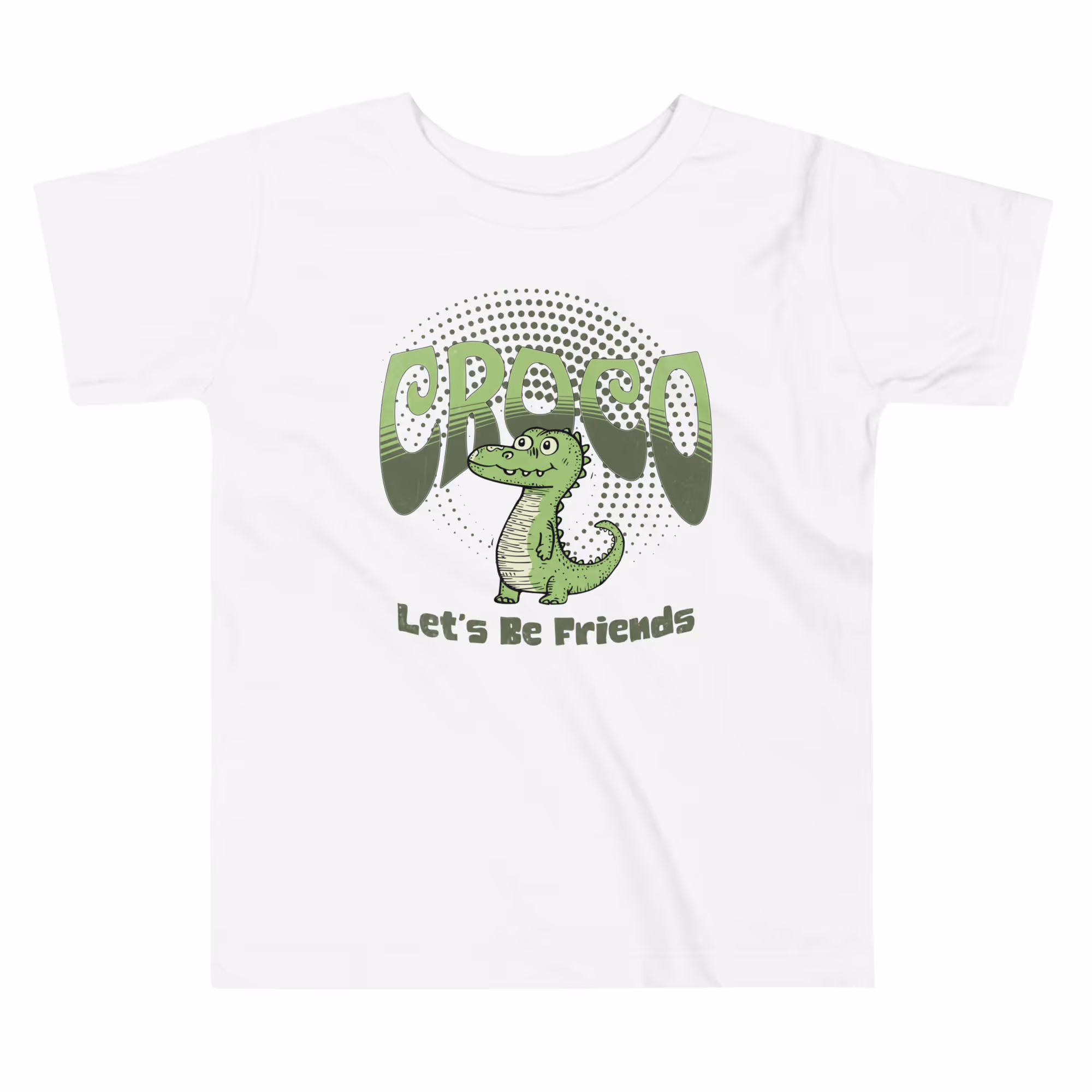 White toddler t-shirt featuring a cheerful crocodile with the text ‘Croco Let’s Be Friends’ in green.