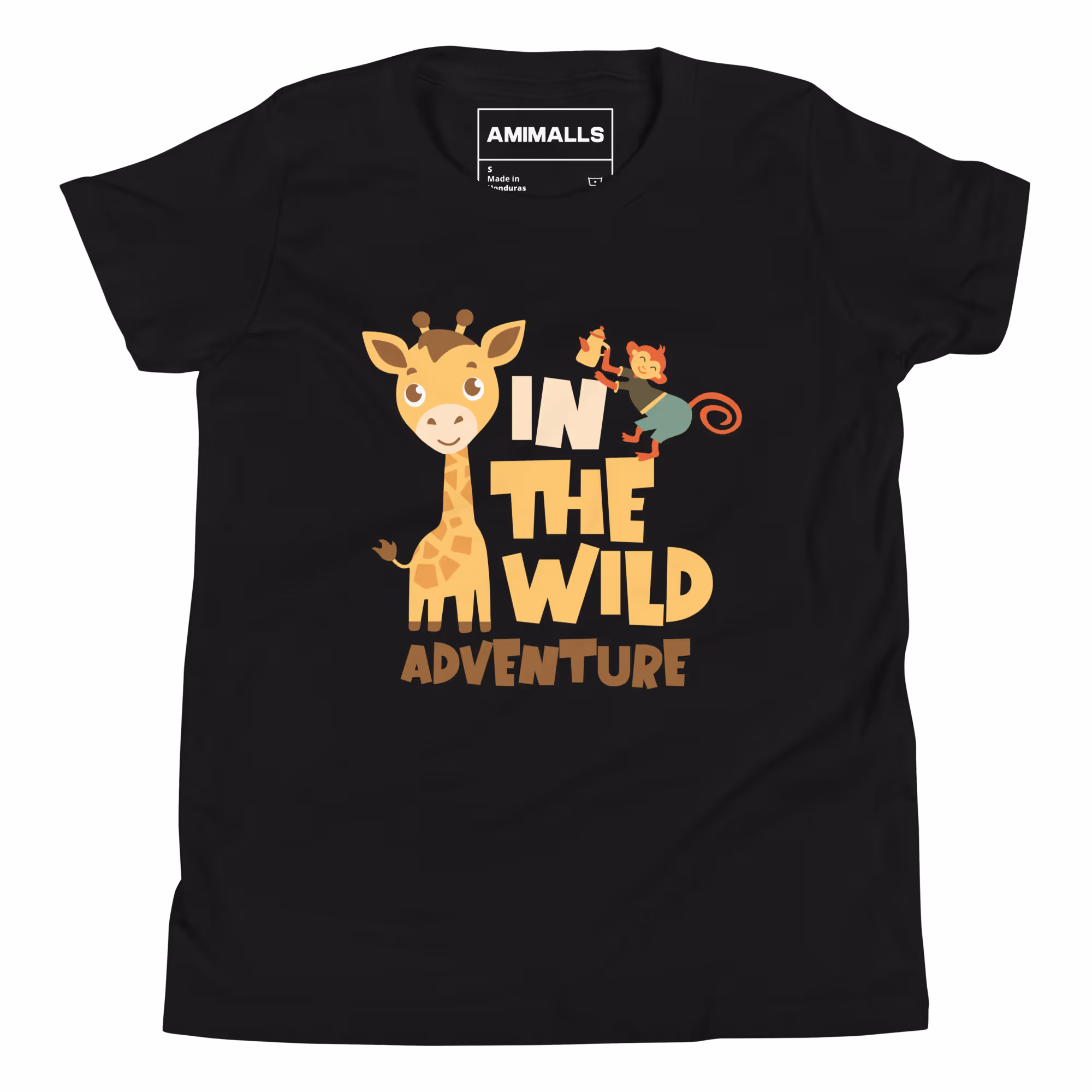 Black kids' t-shirt featuring a cheerful yellow puppy with colorful doodle-style accents and the text "Happy Buddy.
