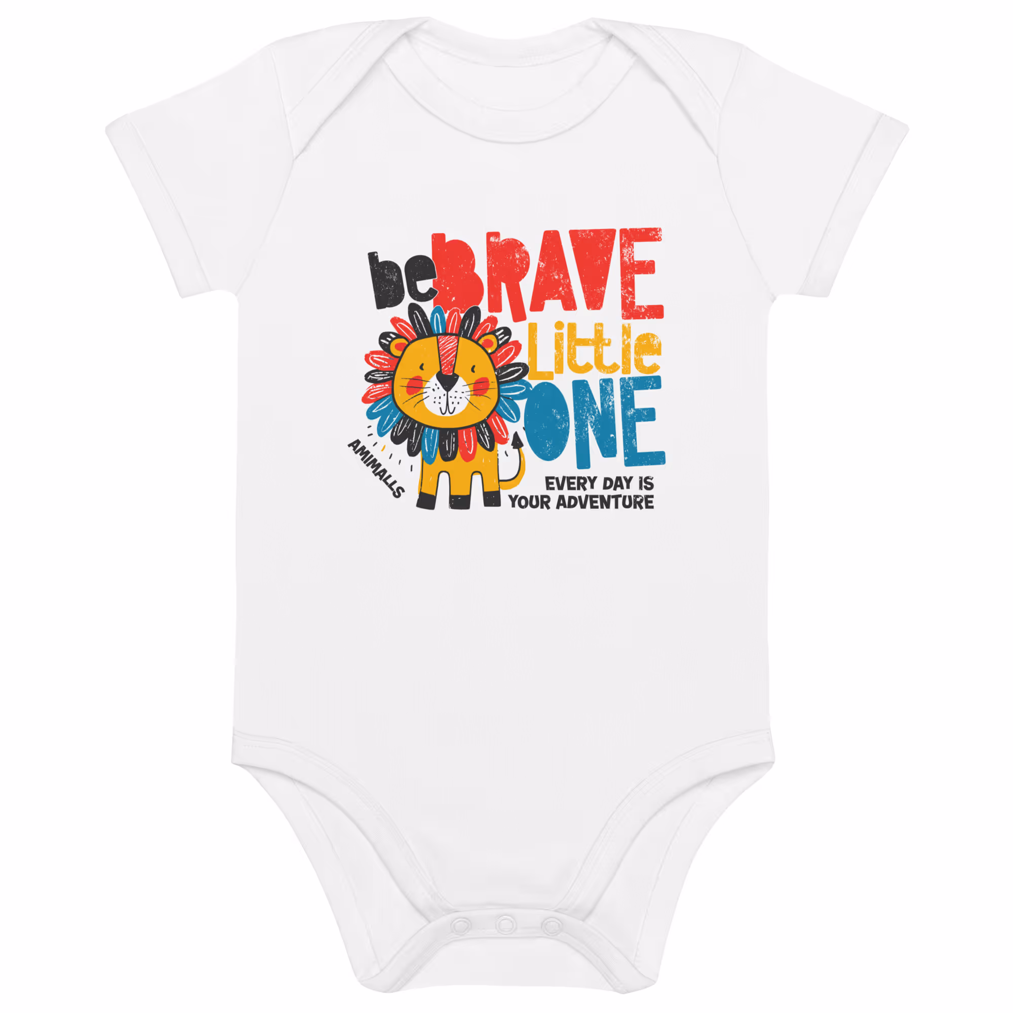 Natural-colored baby bodysuit featuring a colorful lion and the text "Be Brave Little One. Every Day is Your Adventure.
