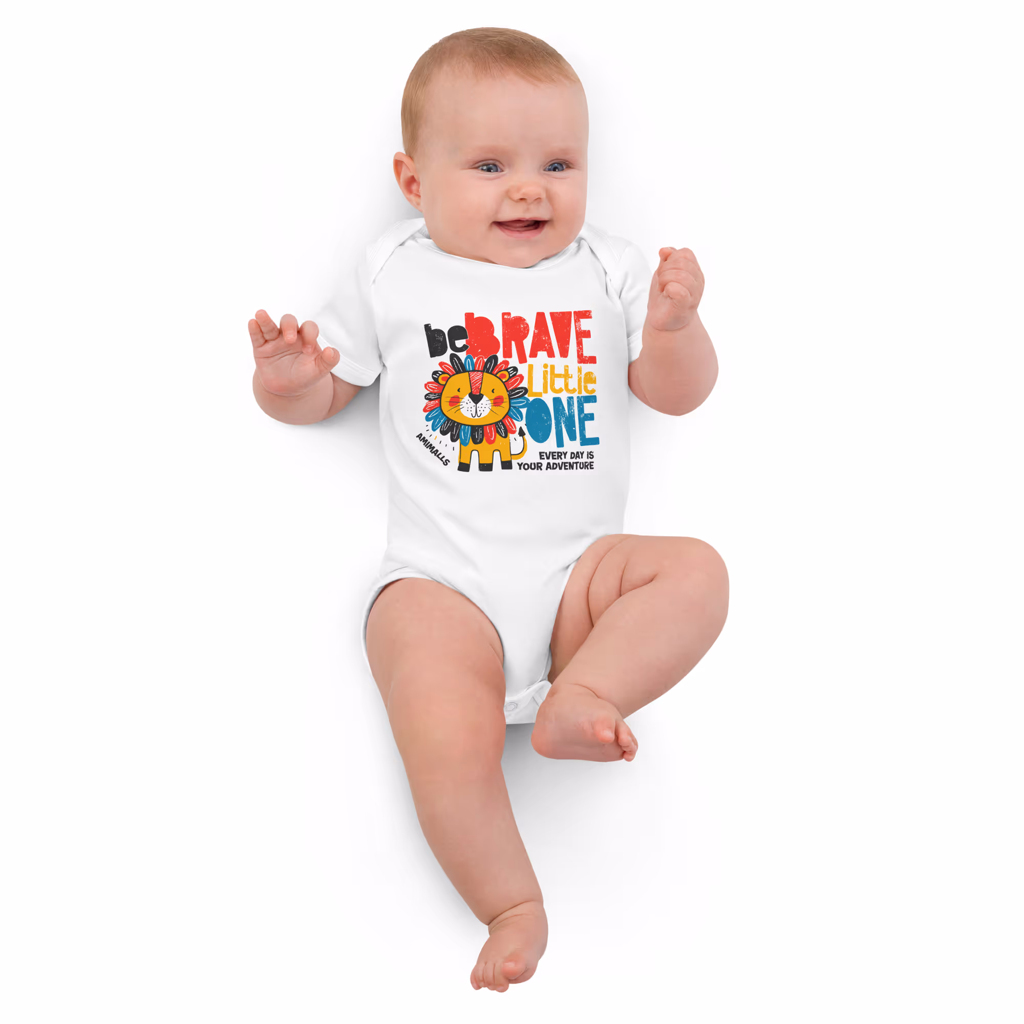 Natural-colored baby bodysuit featuring a colorful lion and the text "Be Brave Little One. Every Day is Your Adventure.