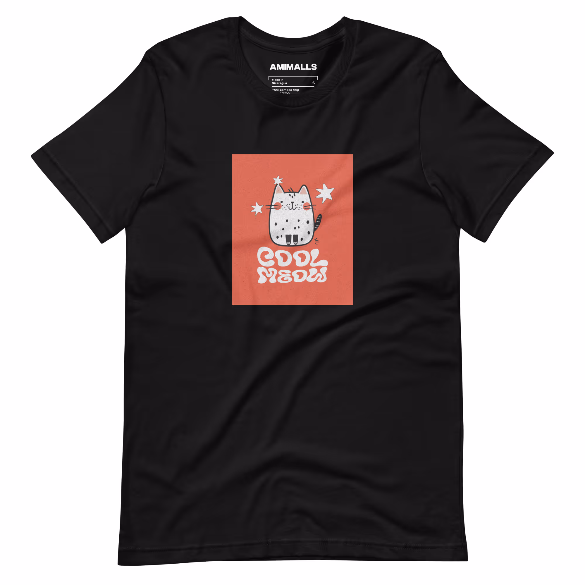 Black t-shirt featuring a playful cat illustration with stars and the text Cool Meow.