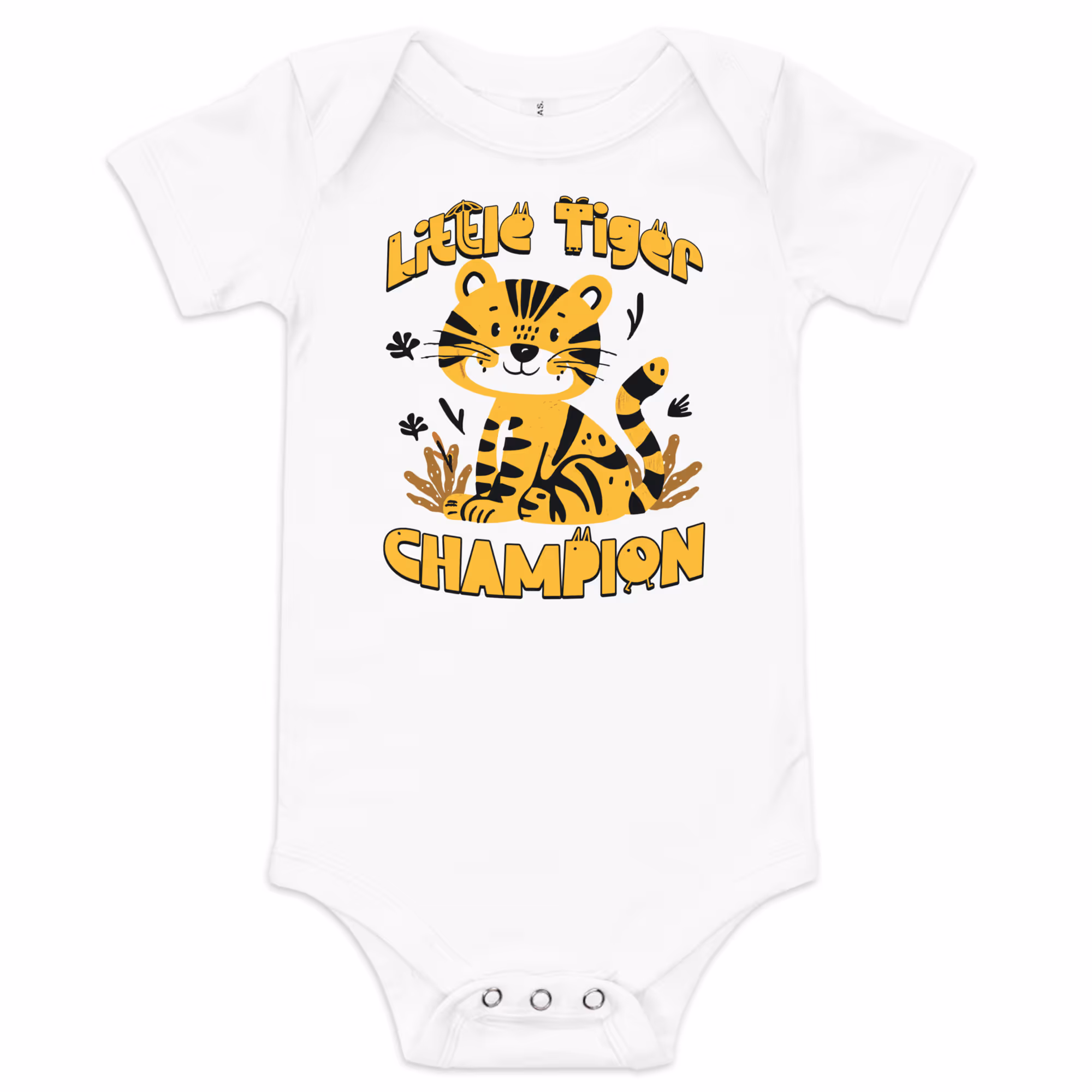 White baby onesie featuring an adorable tiger illustration with the text "Little Tiger Champion."
