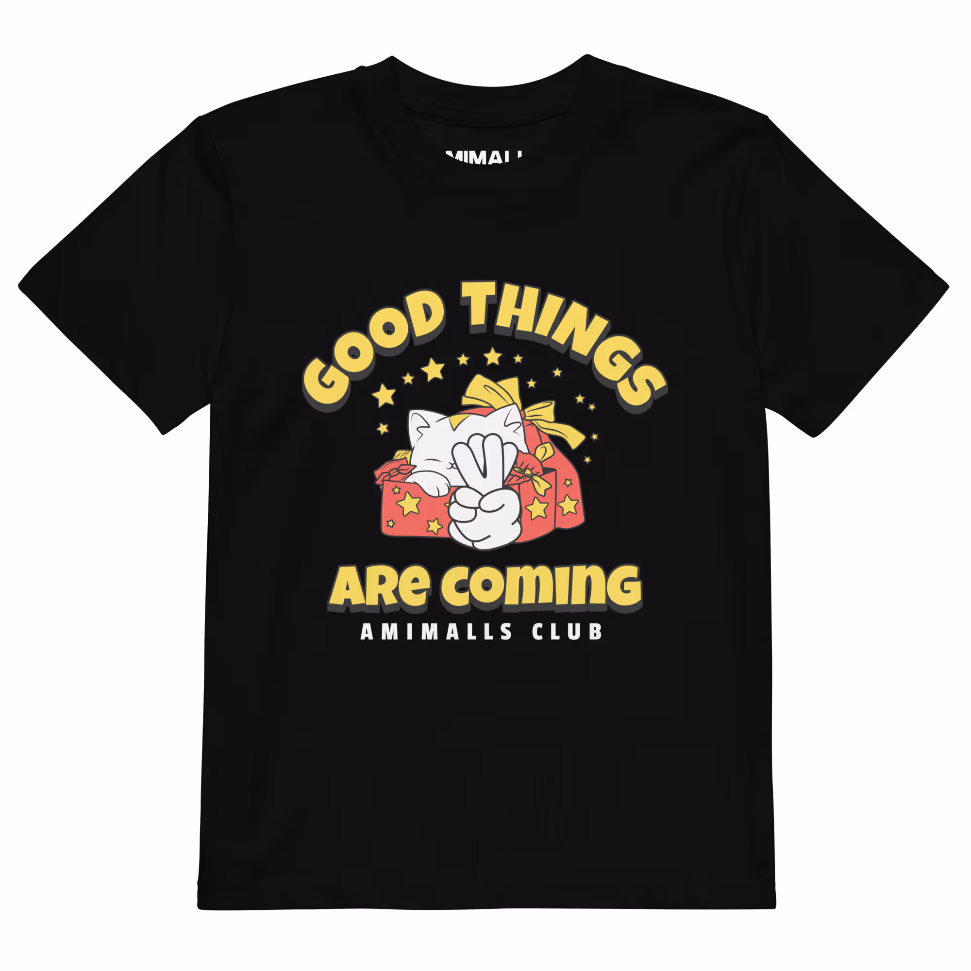 Black kids' t-shirt featuring a smiling cat flashing a peace sign with the text "Good Things Are Coming – Amimalls Club.