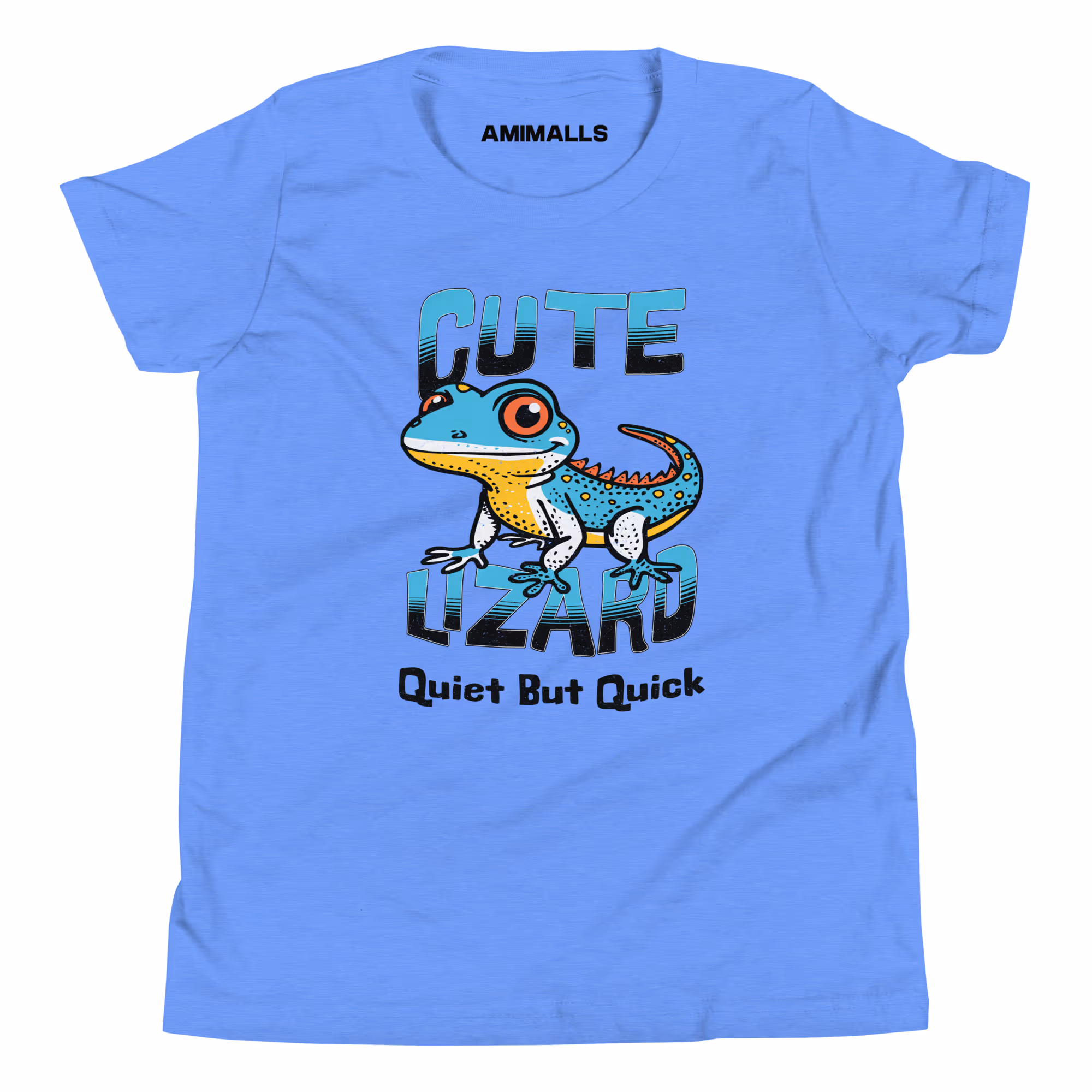 White kids' t-shirt featuring a colorful cartoon lizard with the text "Cute Lizard – Quiet But Quick."