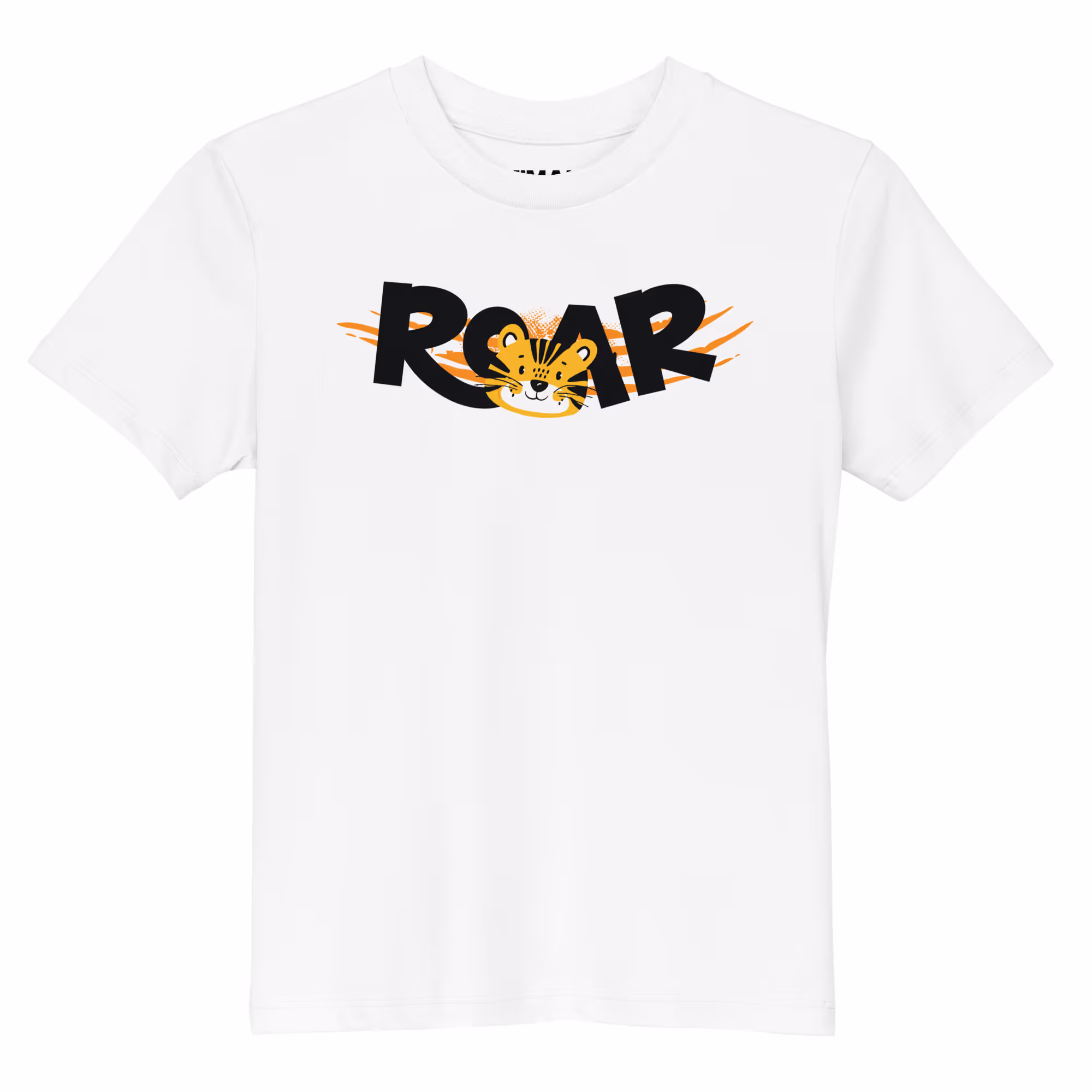  Kids' t-shirt featuring a playful tiger face and bold ROAR text in black and orange.