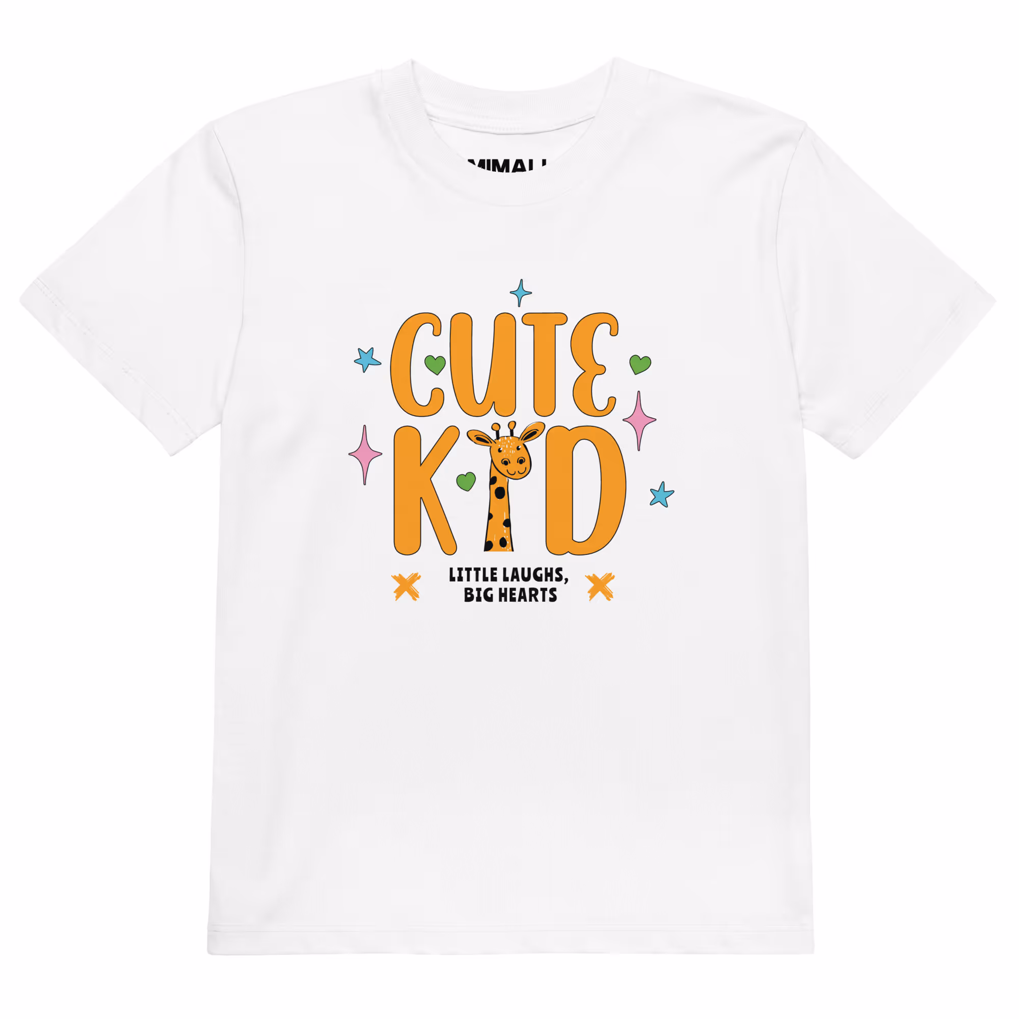 White kids' t-shirt featuring a cheerful giraffe illustration with the text Cute Kid – Little Laughs, Big Hearts.
