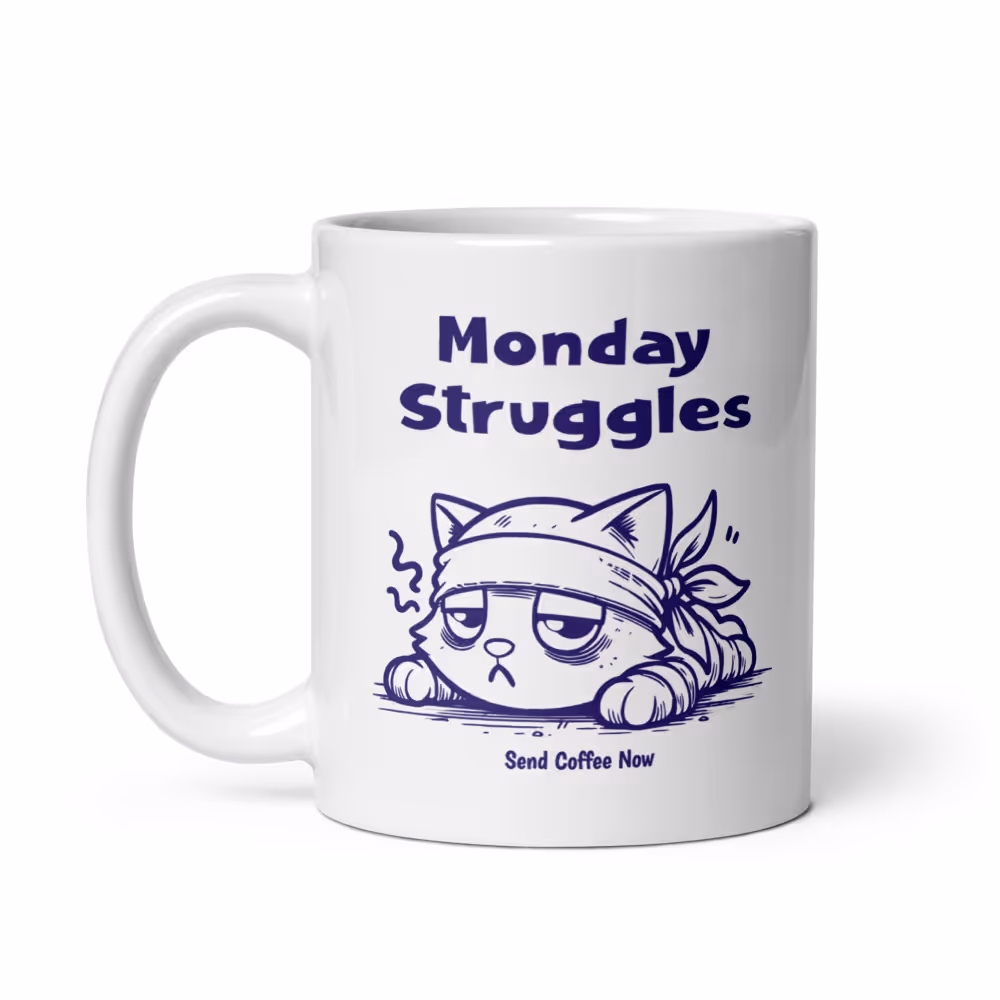 White ceramic mug with a grumpy cat illustration and text "Monday Struggles – Send Coffee Now."