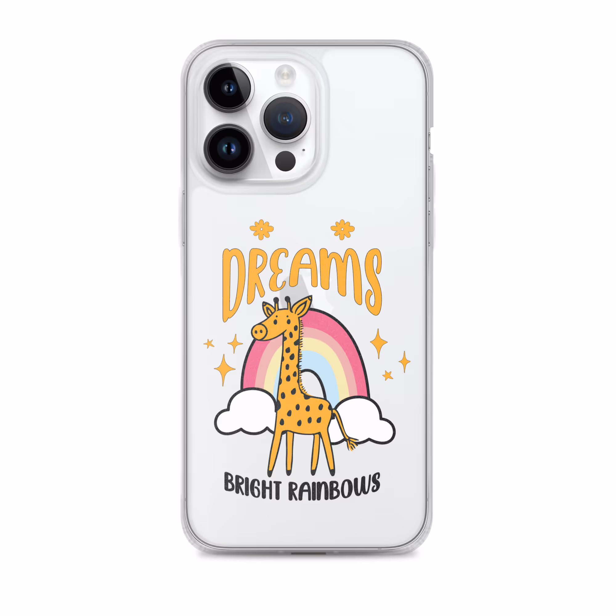  Clear iPhone case with a colorful giraffe and rainbow design, featuring the text "Dream Big – Bright Rainbows.