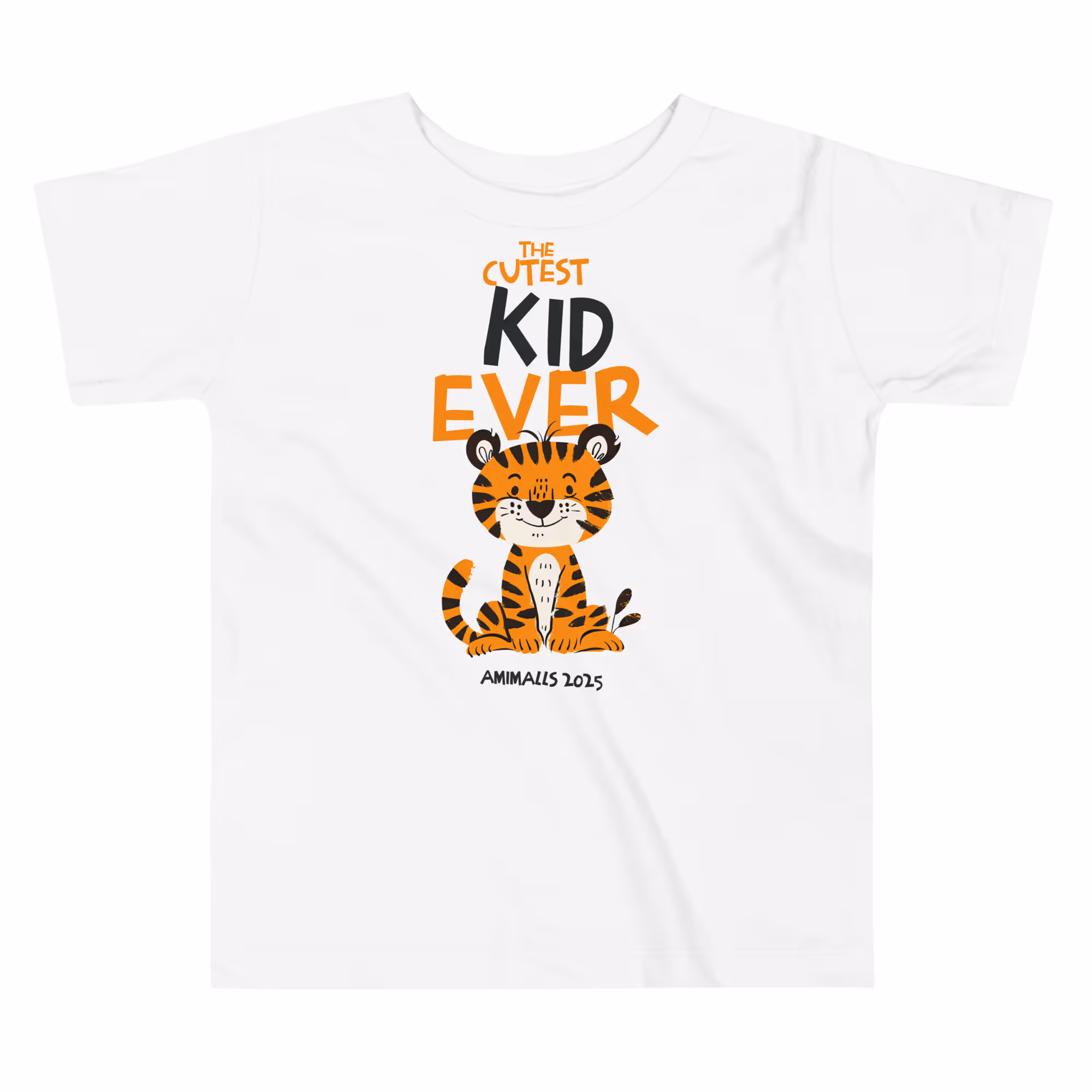 Toddler wearing a white T-shirt with an adorable tiger illustration and "Cutest Kid Ever" text.