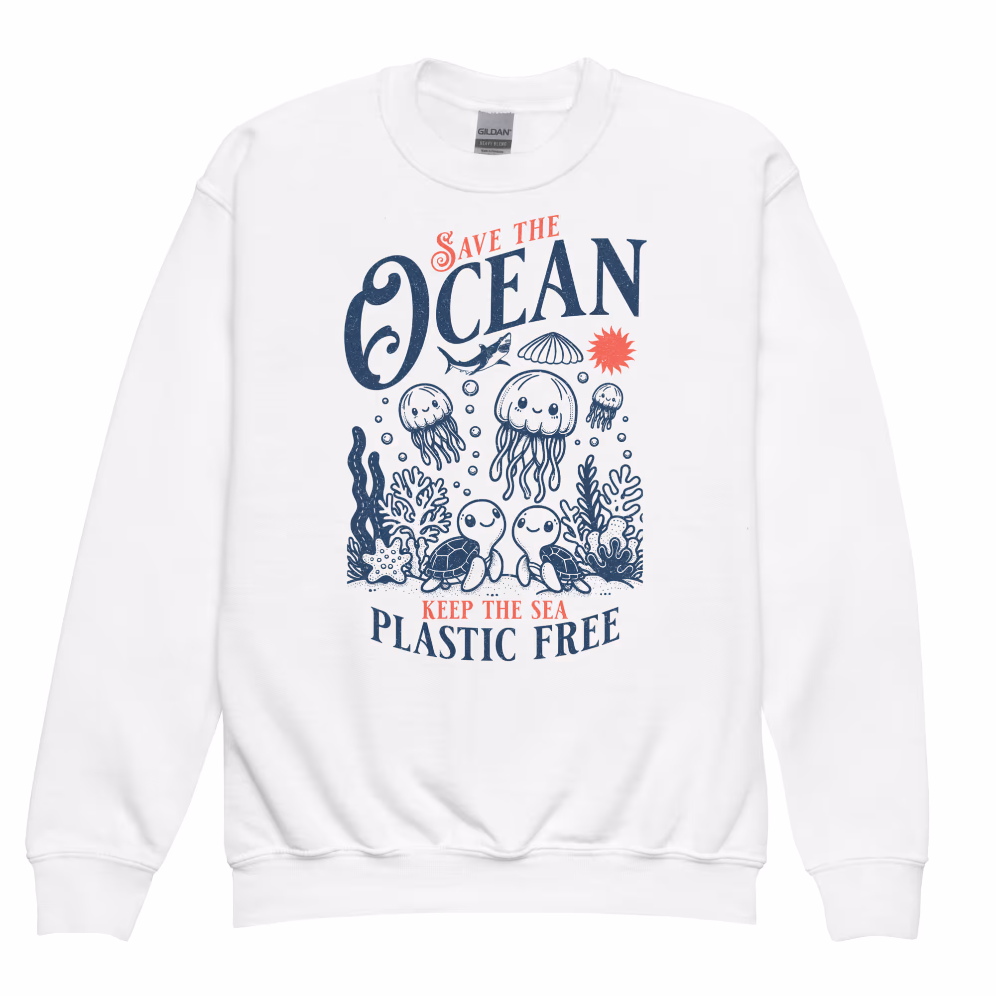  Eco-friendly sweatshirt with sea creatures and "Save the Ocean" text promoting plastic-free seas.
