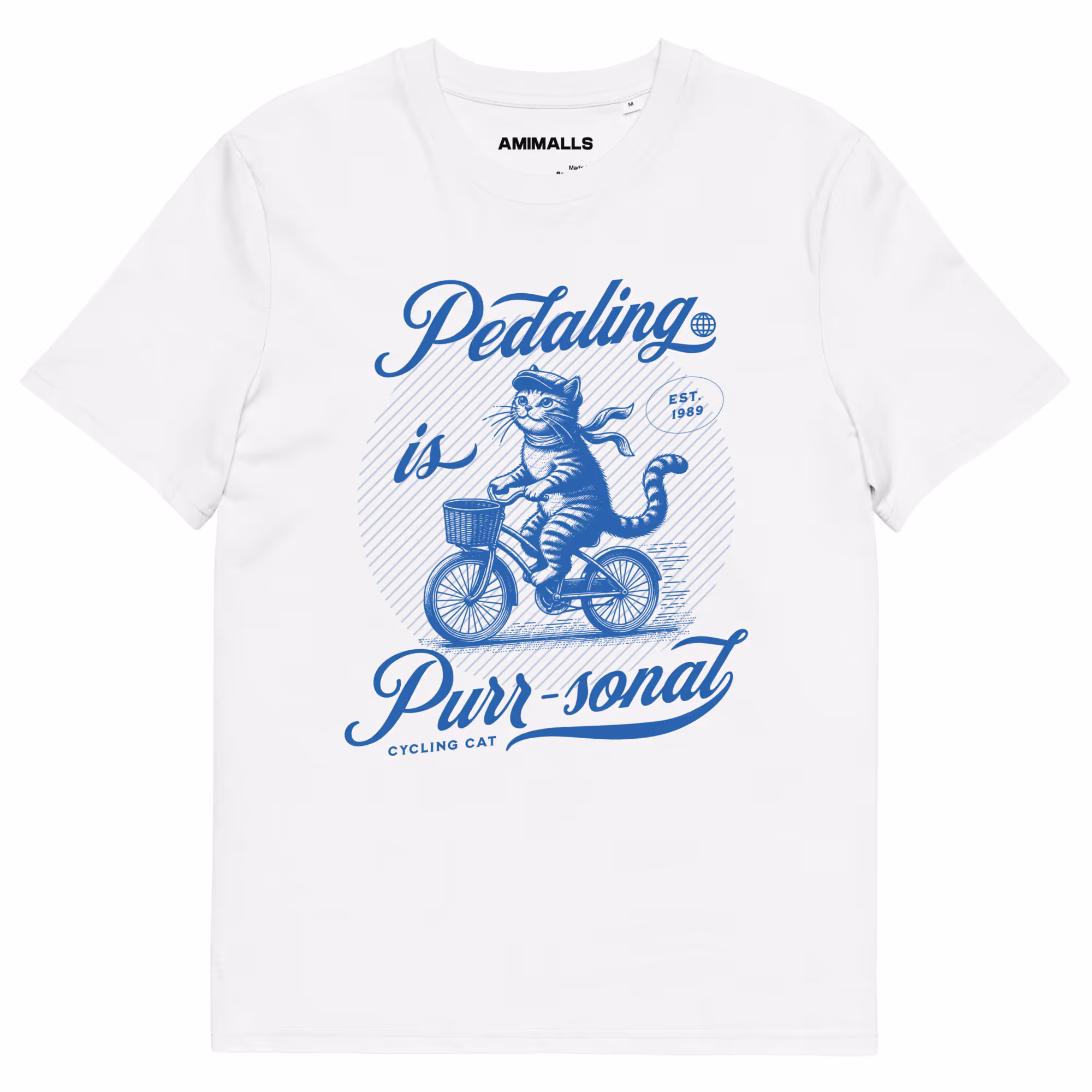 Unisex organic cotton t-shirt featuring a playful cat riding a bicycle, ideal for cycling enthusiasts and cat lovers.
