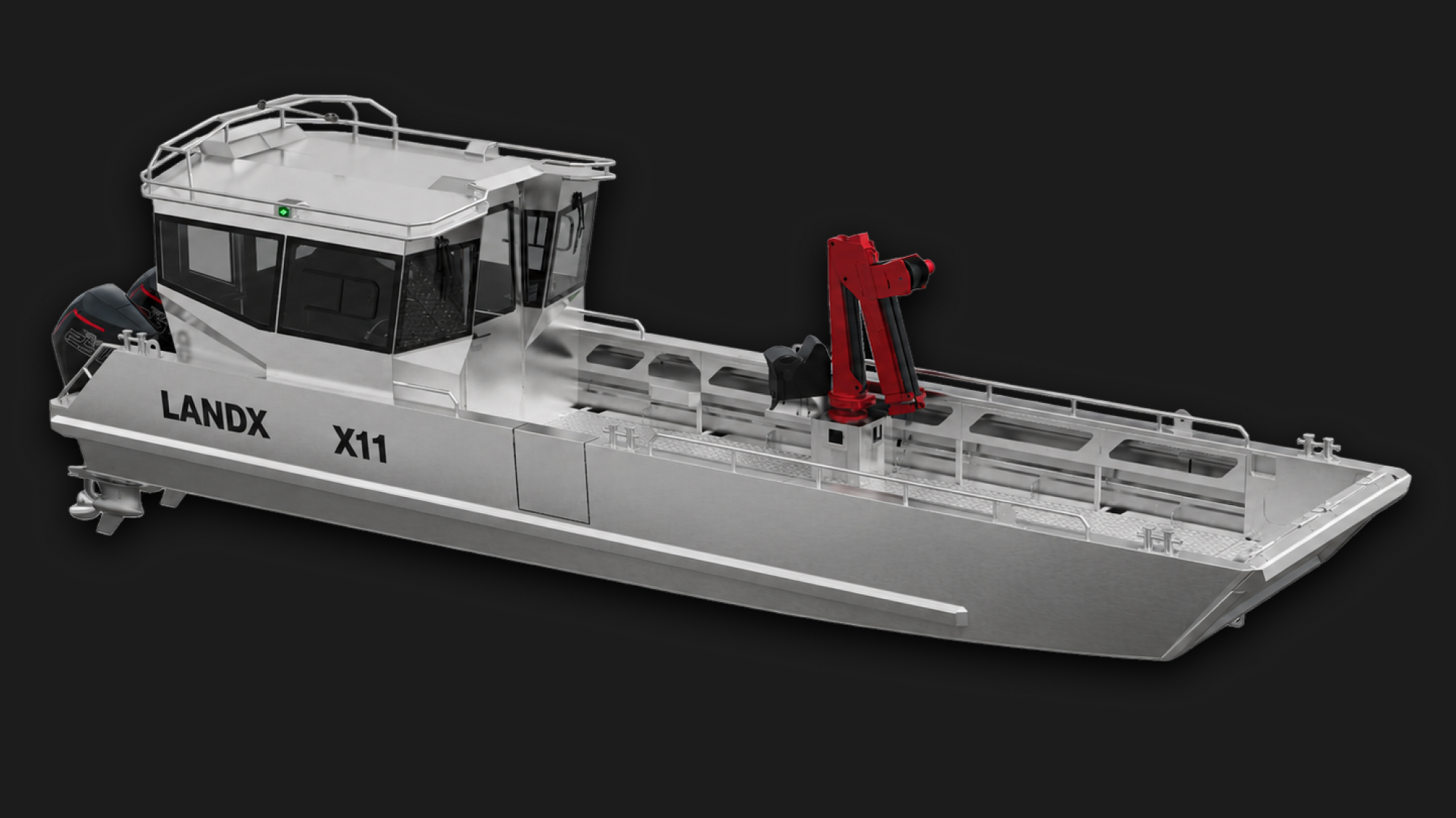 Silver LANDX X11 utility boat with enclosed cabin and red crane on deck against a black background.