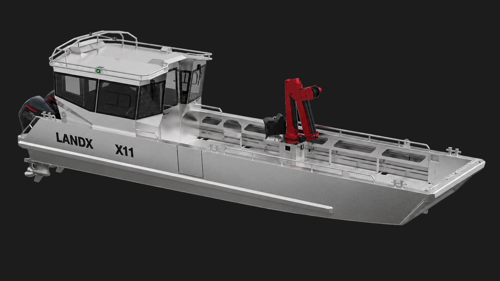 Silver LANDX X11 utility boat with enclosed cabin and red crane on deck against a black background.