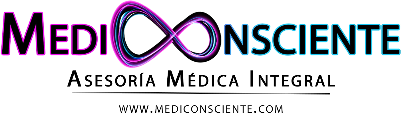 Primera identidad Mediconsciente de 2019: logotipo original morado y azul, Asesoría Médica Integral