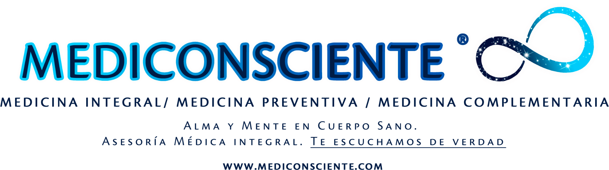 Identidad original de Mediconsciente de 2021, con el infinito como constelación y su lenguaje de aquella etapa