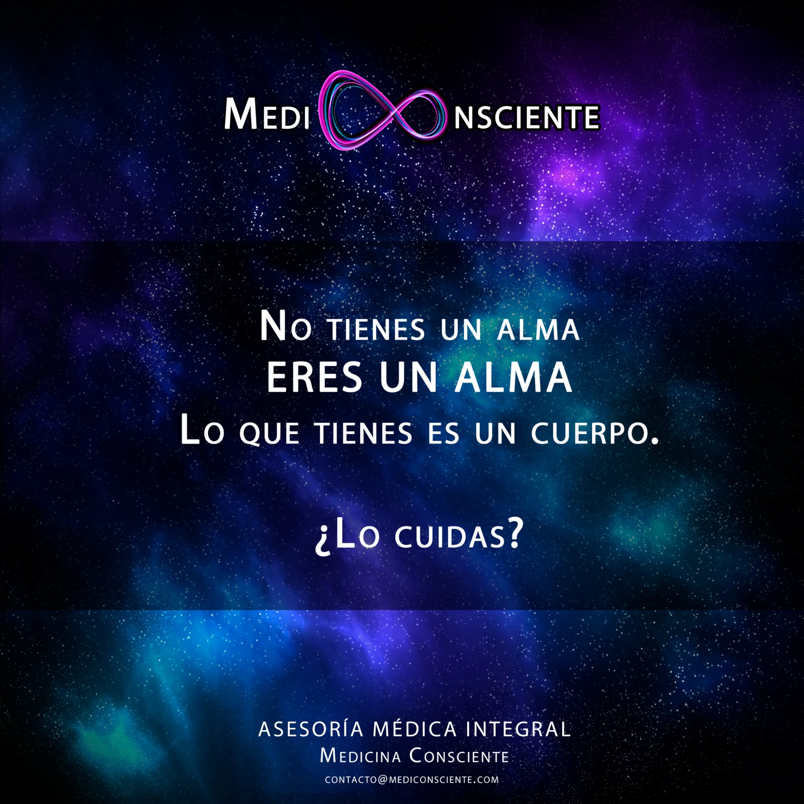 Pieza histórica original de 2019 con cosmos, logo y una reflexión espiritual sobre alma y cuerpo