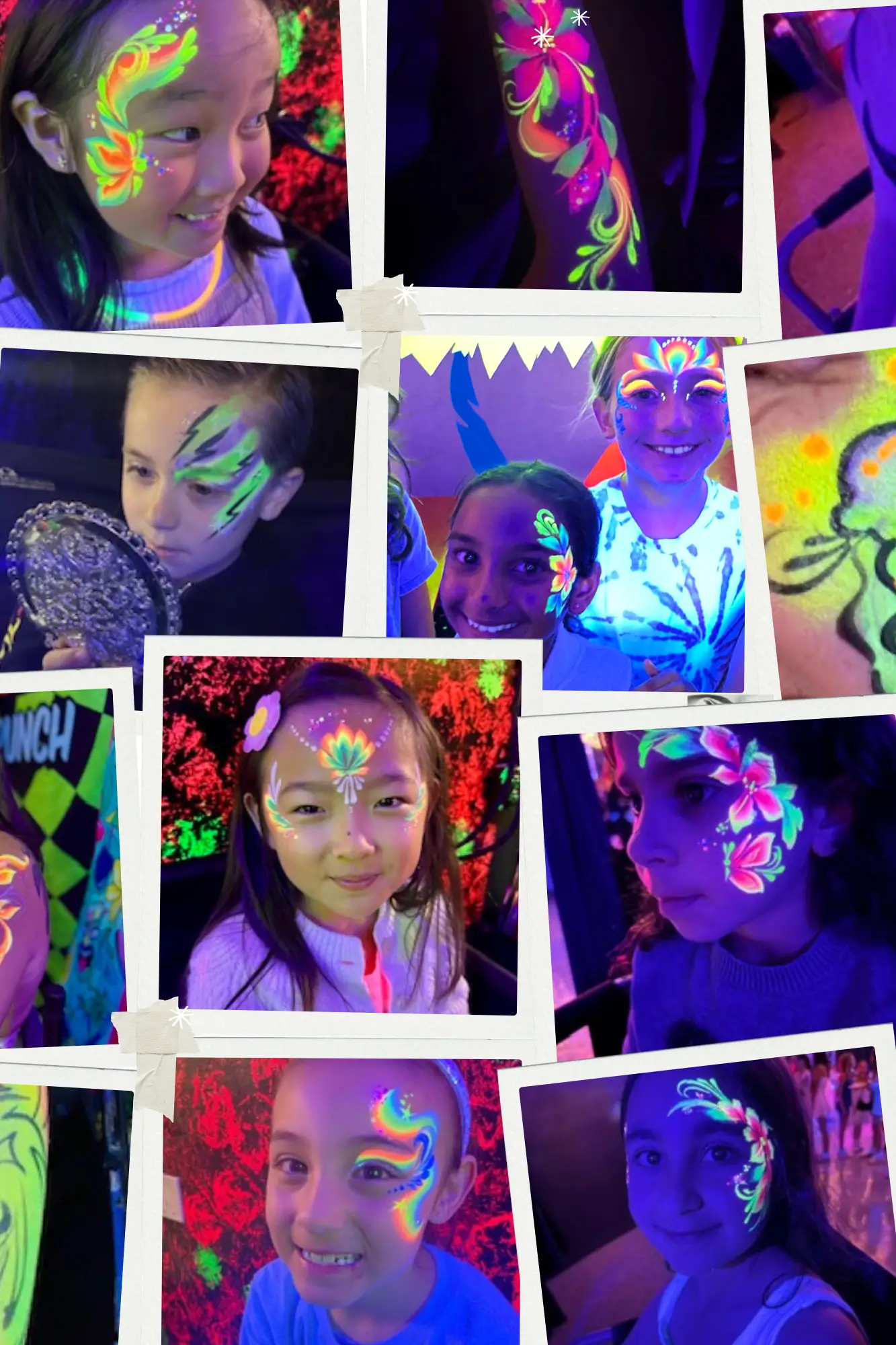 Kids glow party with neon face painting under blacklight, colorful designs and fun birthday activity in Inland Empire