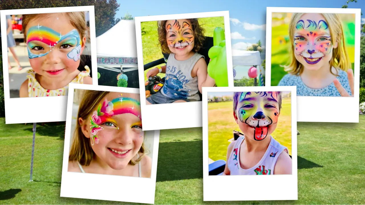 Kids glitter face painting with colorful designs and happy children at outdoor birthday party in Inland Empire