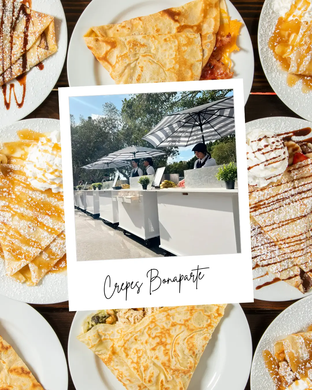 Crepe catering carts with sweet and savory options for events, outdoor setup in Inland Empire