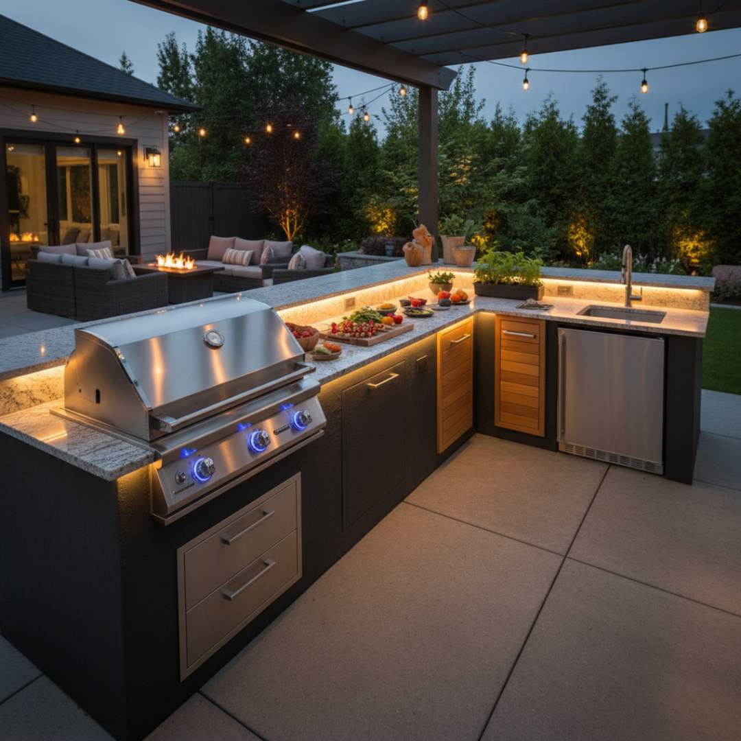 Elegant backyard kitchen with bar seating and fire feature in the GTA