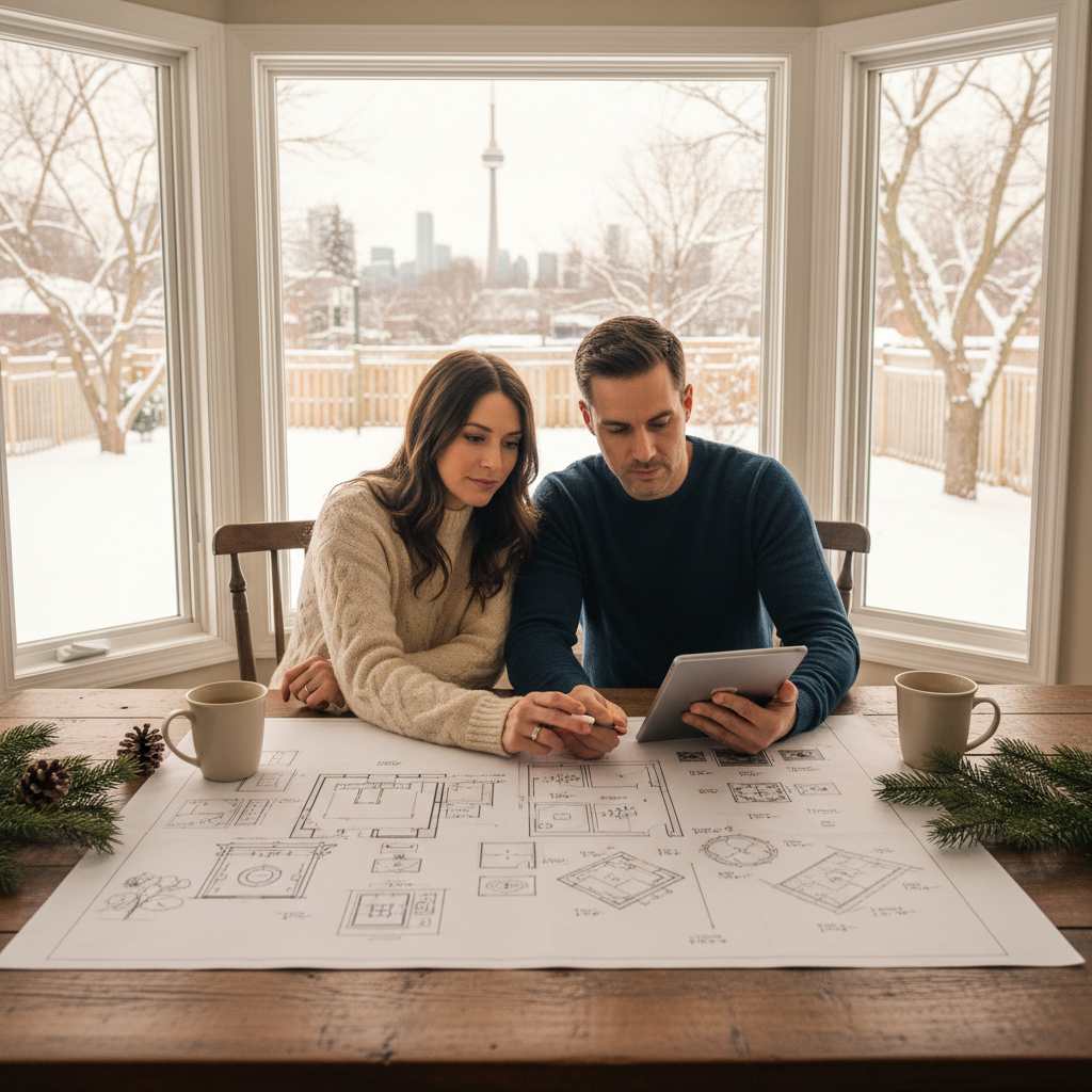 Homeowner meeting with Mediterra Design & Build designer during winter landscaping planning in Toronto.