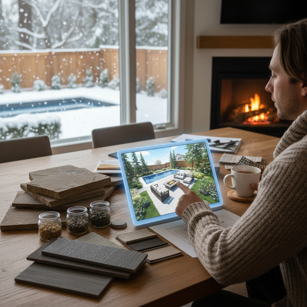 3D landscape design rendering for a custom Toronto backyard created by Mediterra Design & Build.