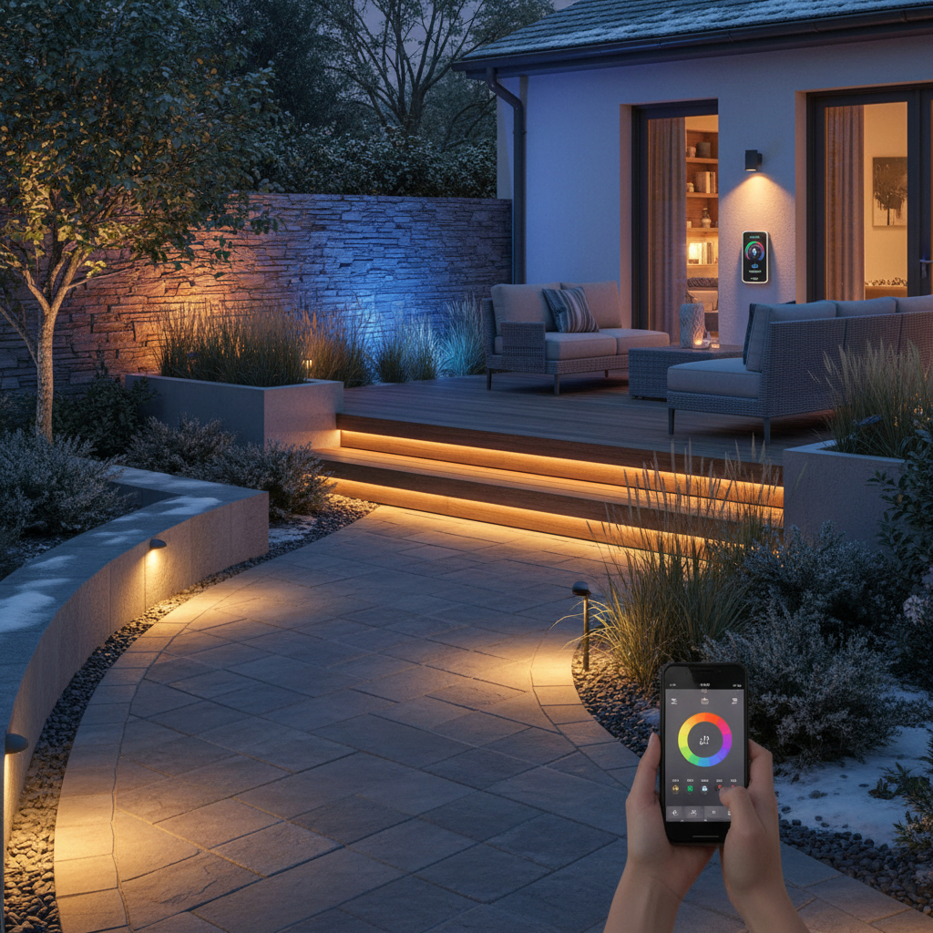 Low-voltage outdoor lighting illuminating a landscaped backyard designed by Mediterra in Toronto
